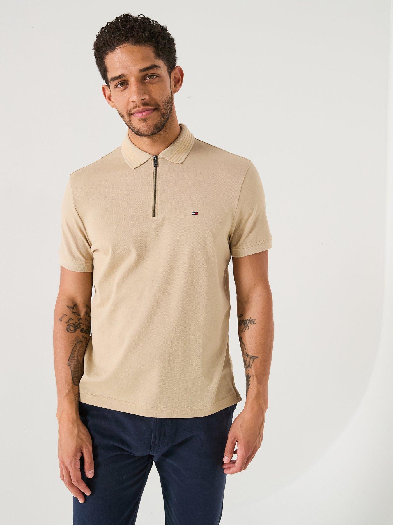 undefined Regular Fit Mercerised Pique Zip Polo Shirt - Natural