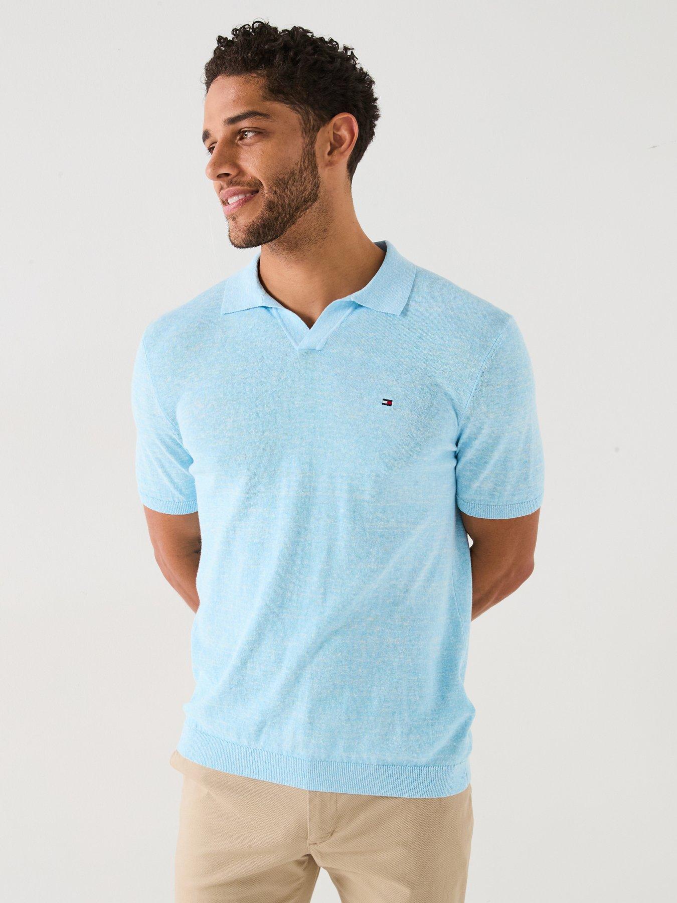 undefined Cotton Linen Open Collar Knitted Polo Shirt - Light Blue
