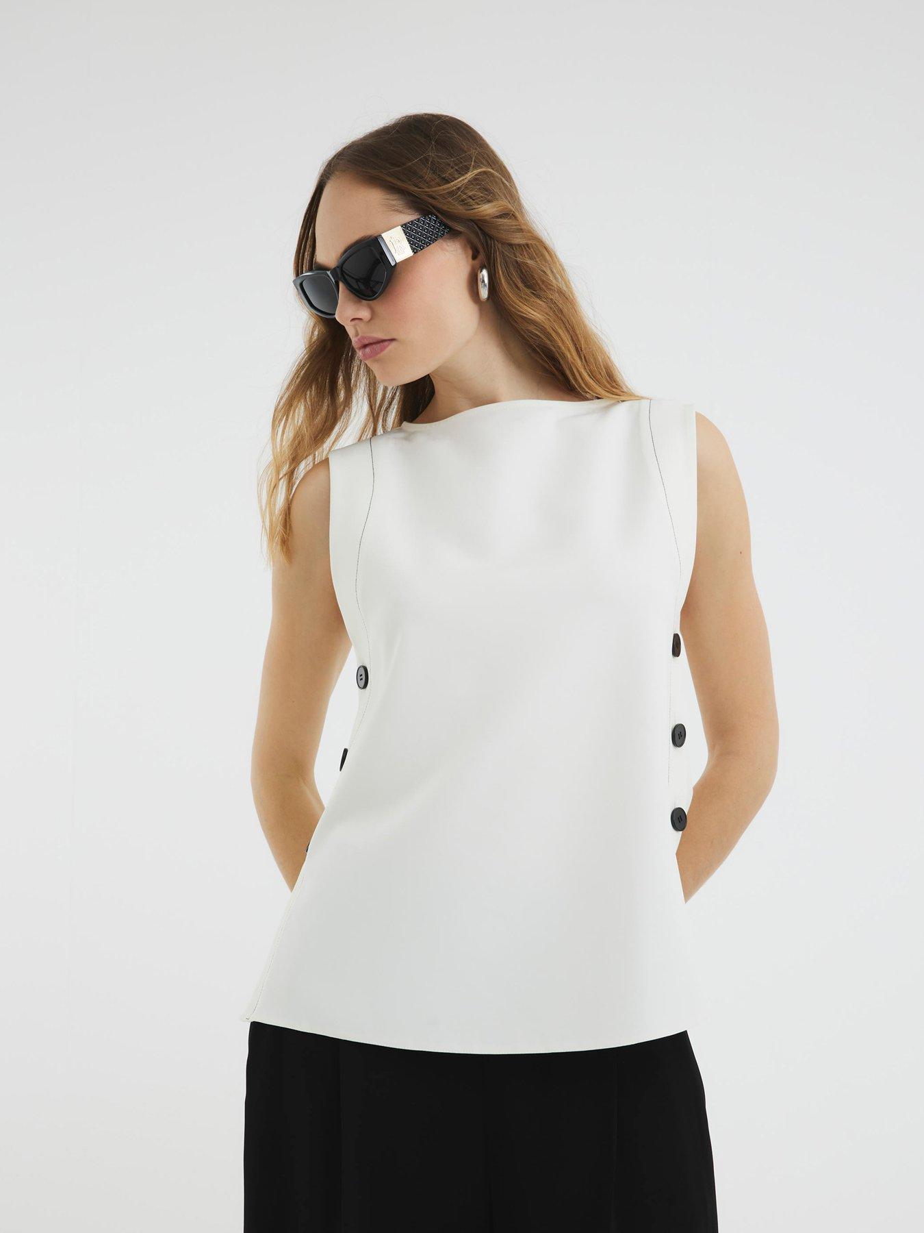 Image 1 of 6 of River Island Button Side Topstitch Top - Cream