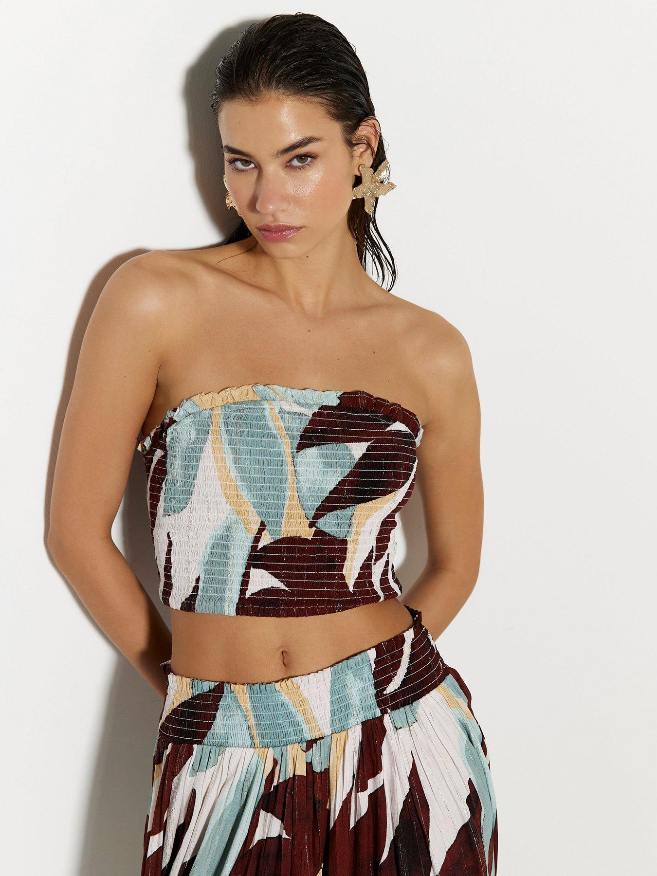 undefined Leaf Shirred Bandeau Top Co-Ord - Blue