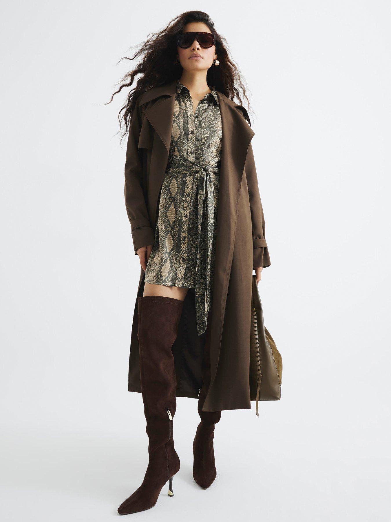 undefined Tie Front Snake Print Shirt Dress - Brown