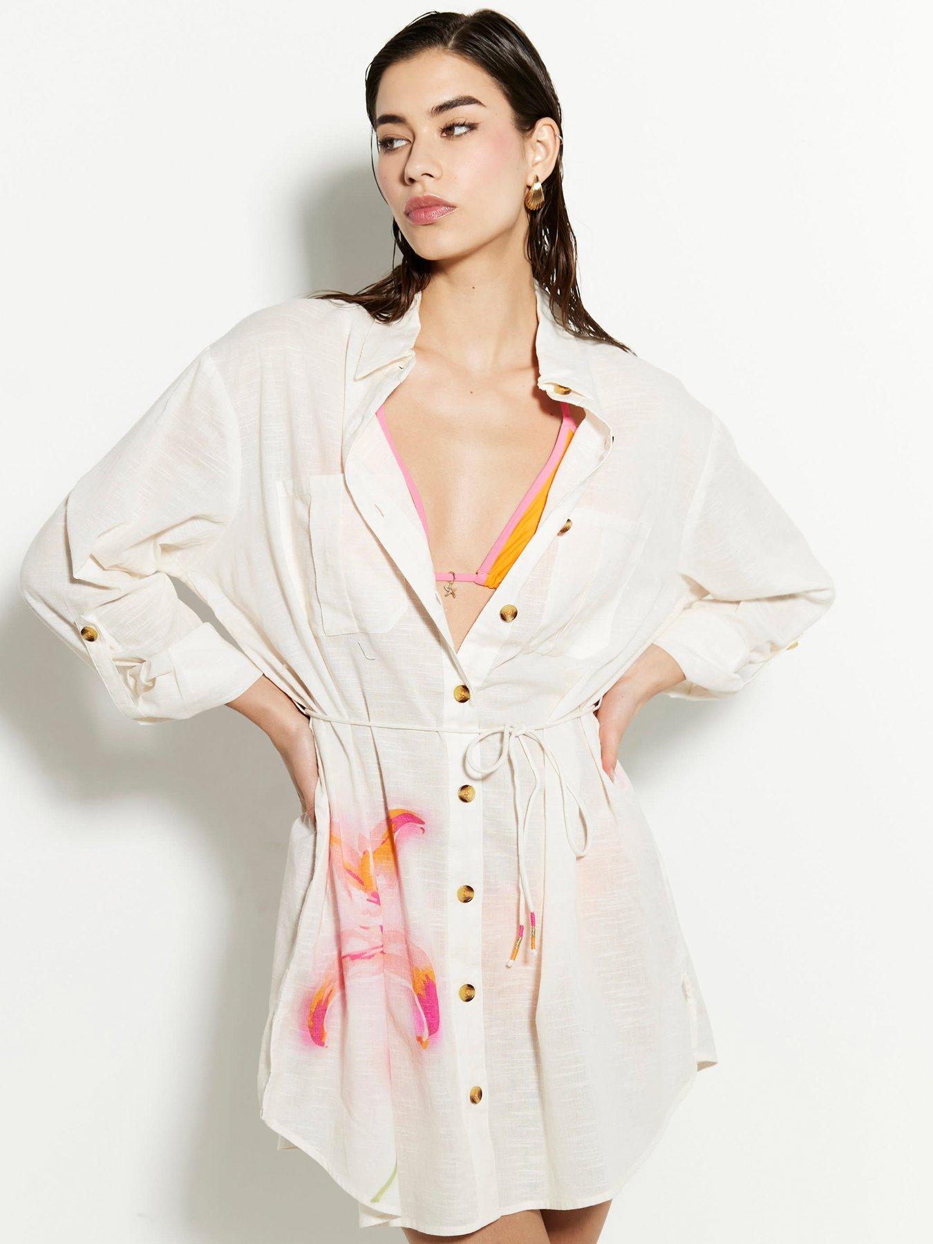 undefined Floral Placement Shirt Dress - Cream