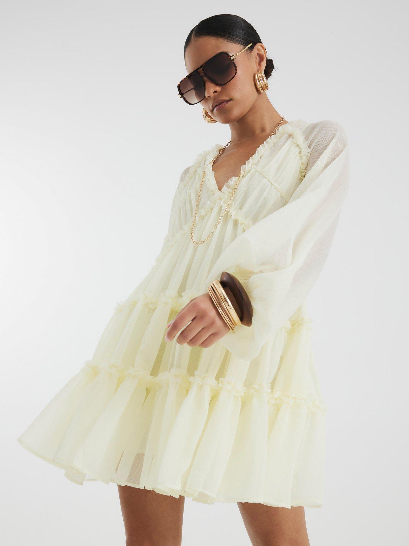 undefined Ruffle Smock Dress - Cream