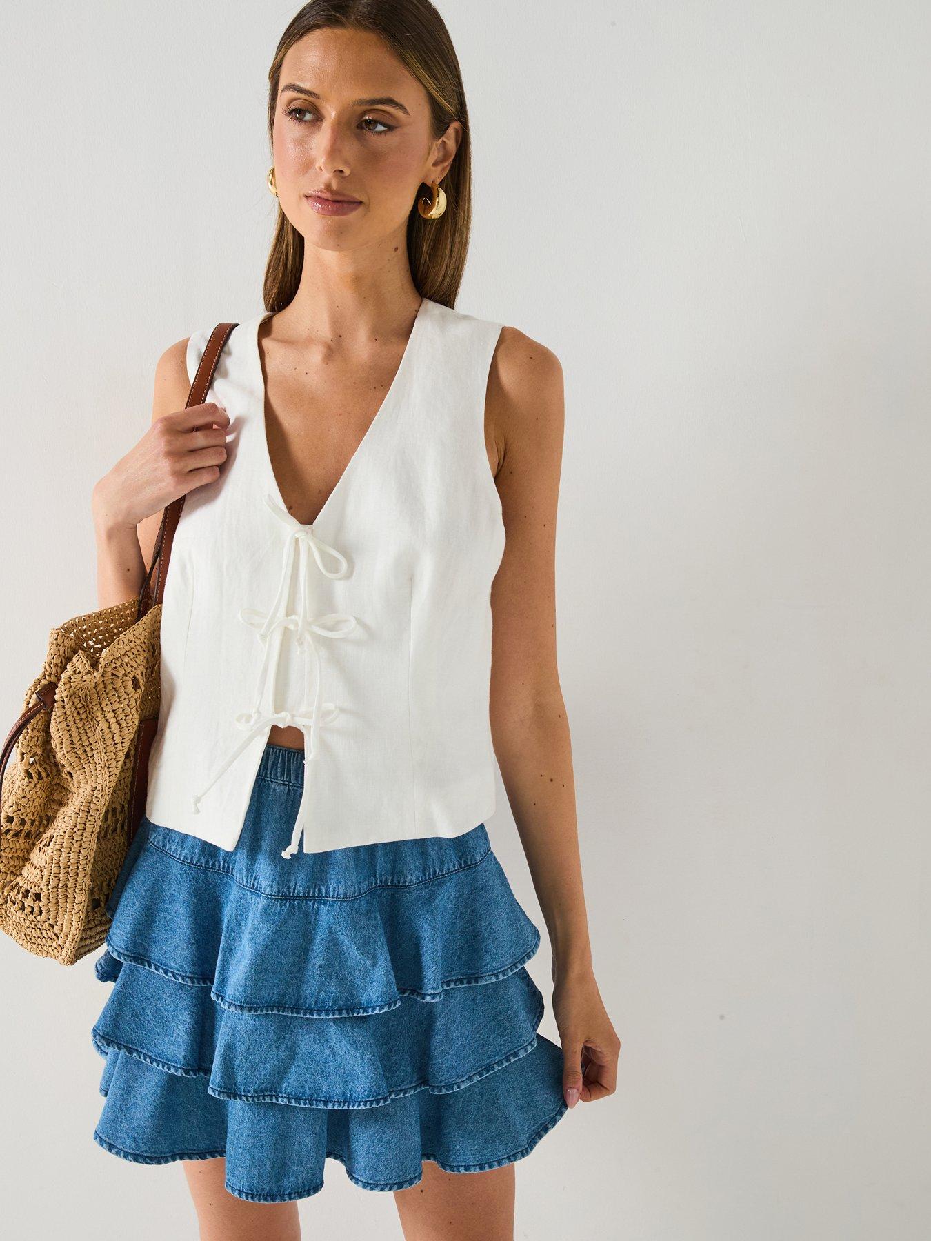undefined Ruffle Denim Mini Skirt - Mid Wash