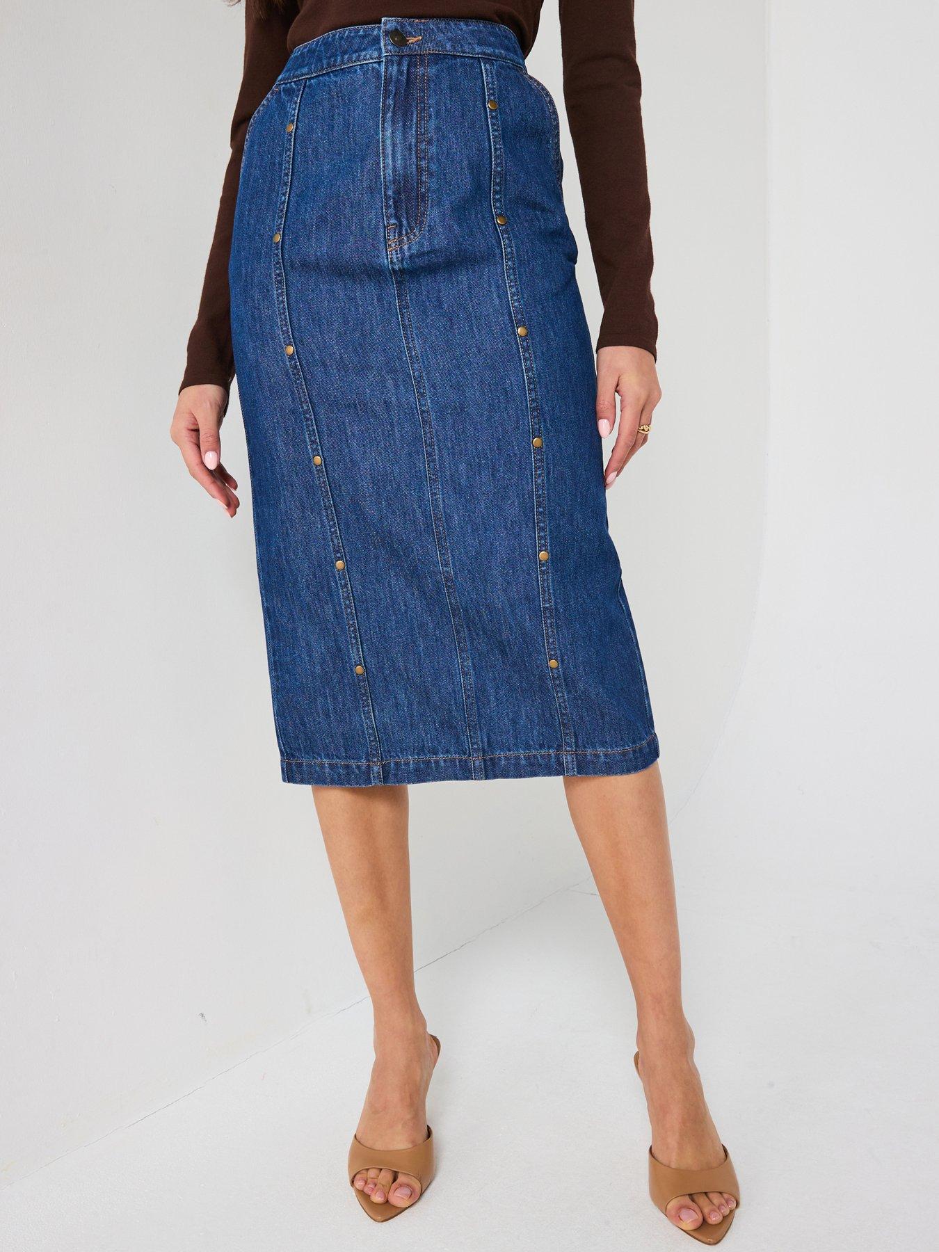V by Very Stud Detail Panelled Midi Skirt - Dark Wash