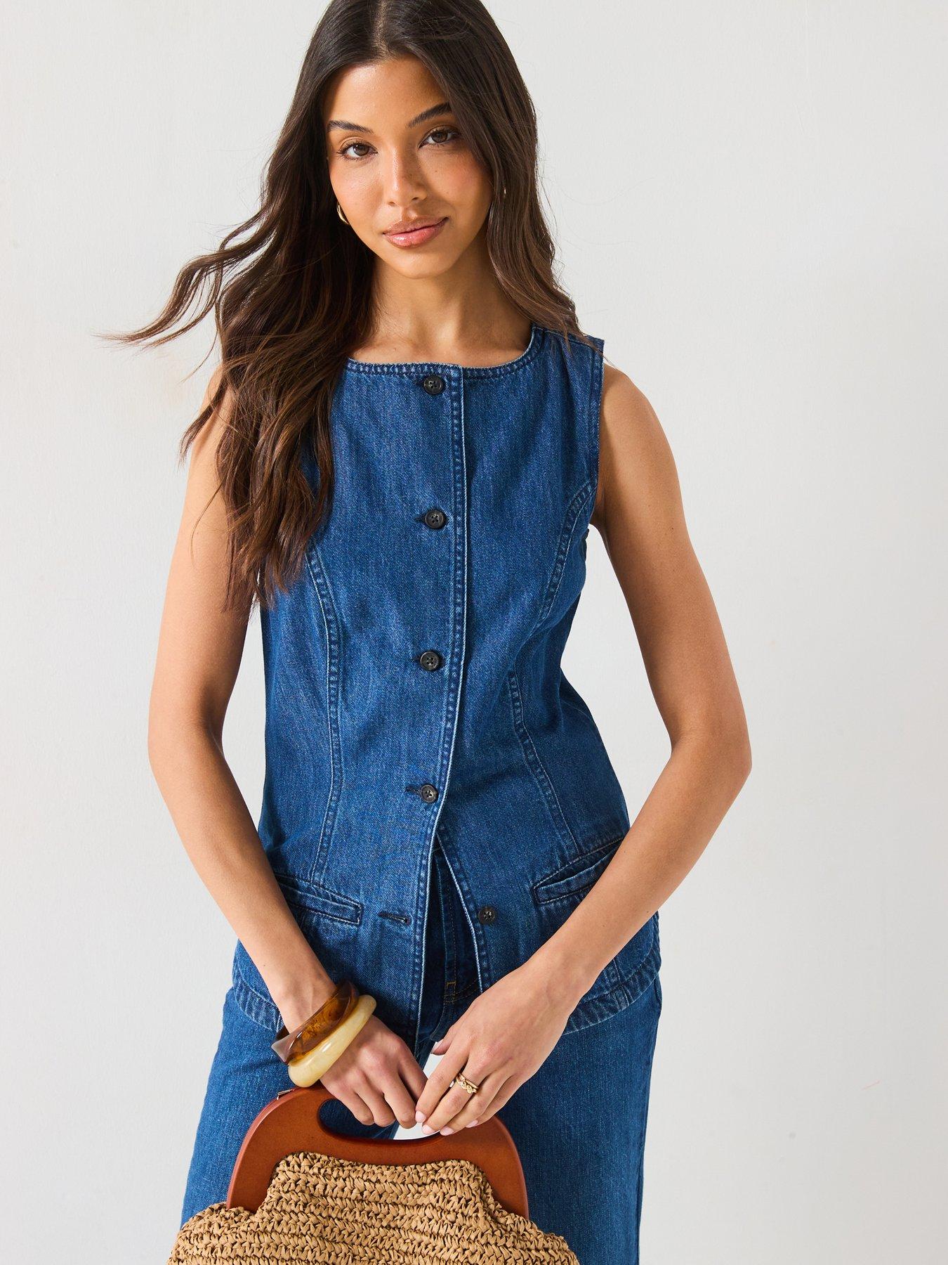 Image 1 of 6 of V by Very Denim Button Through Top - Dark Wash