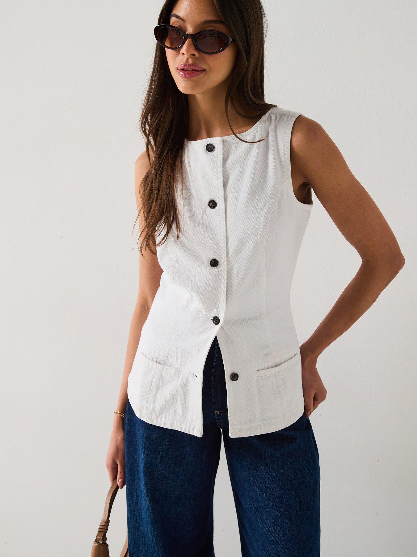 V by Very Denim Button Through Top - White