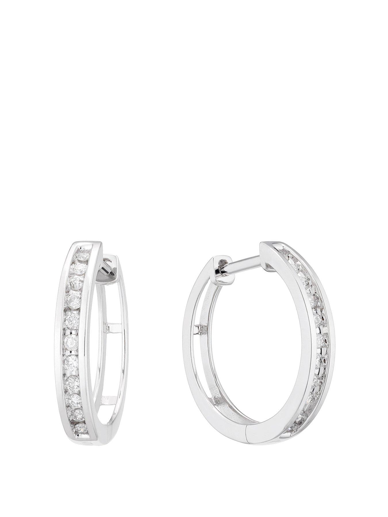 Ernest Jones 9ct White Gold 0.15ct Diamond Channel Set 10mm Hoop Earrings