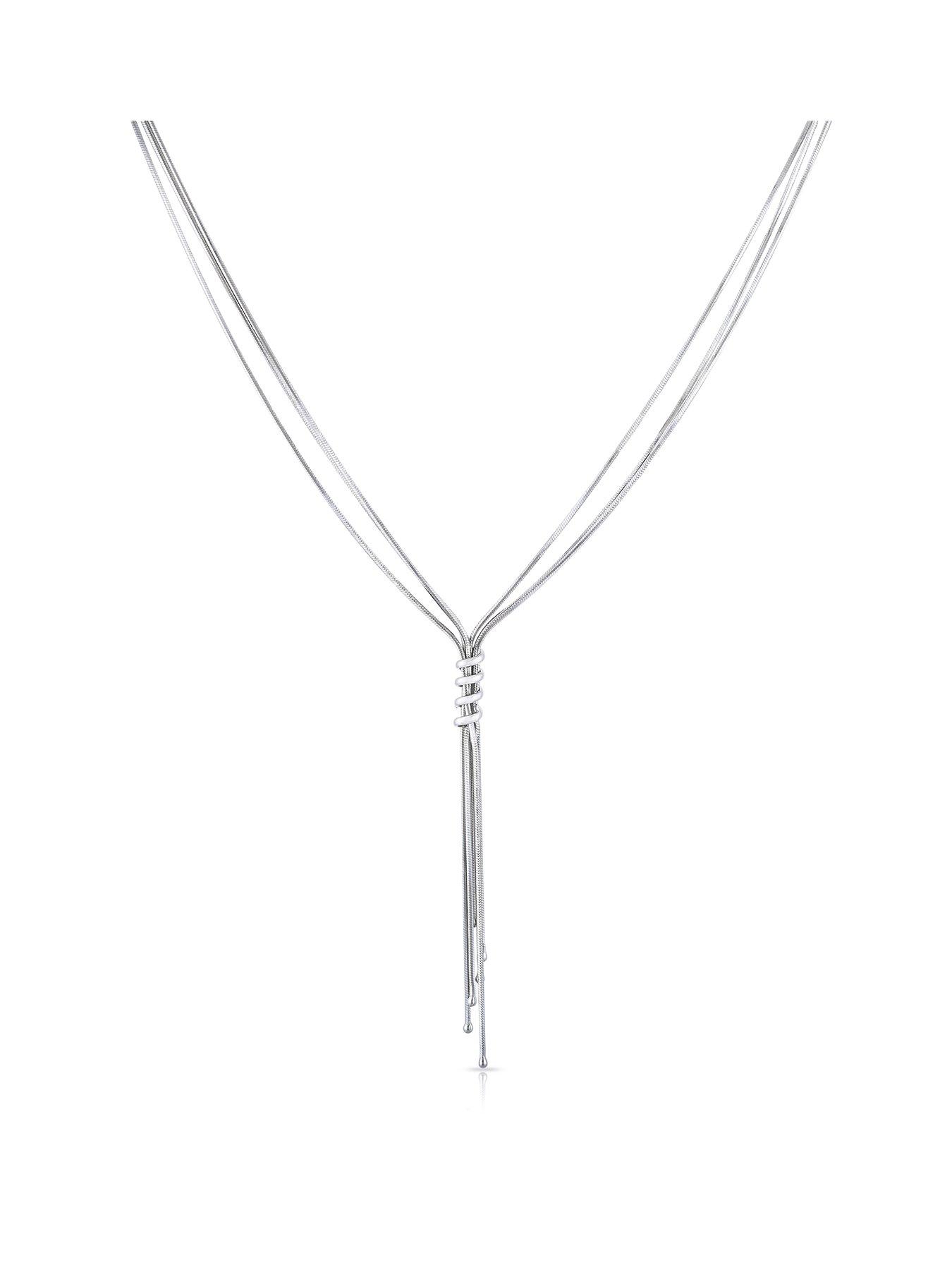 Product photograph of Ernest Jones Sterling Silver Multi Snake Chain Tassel Necklace from very.co.uk