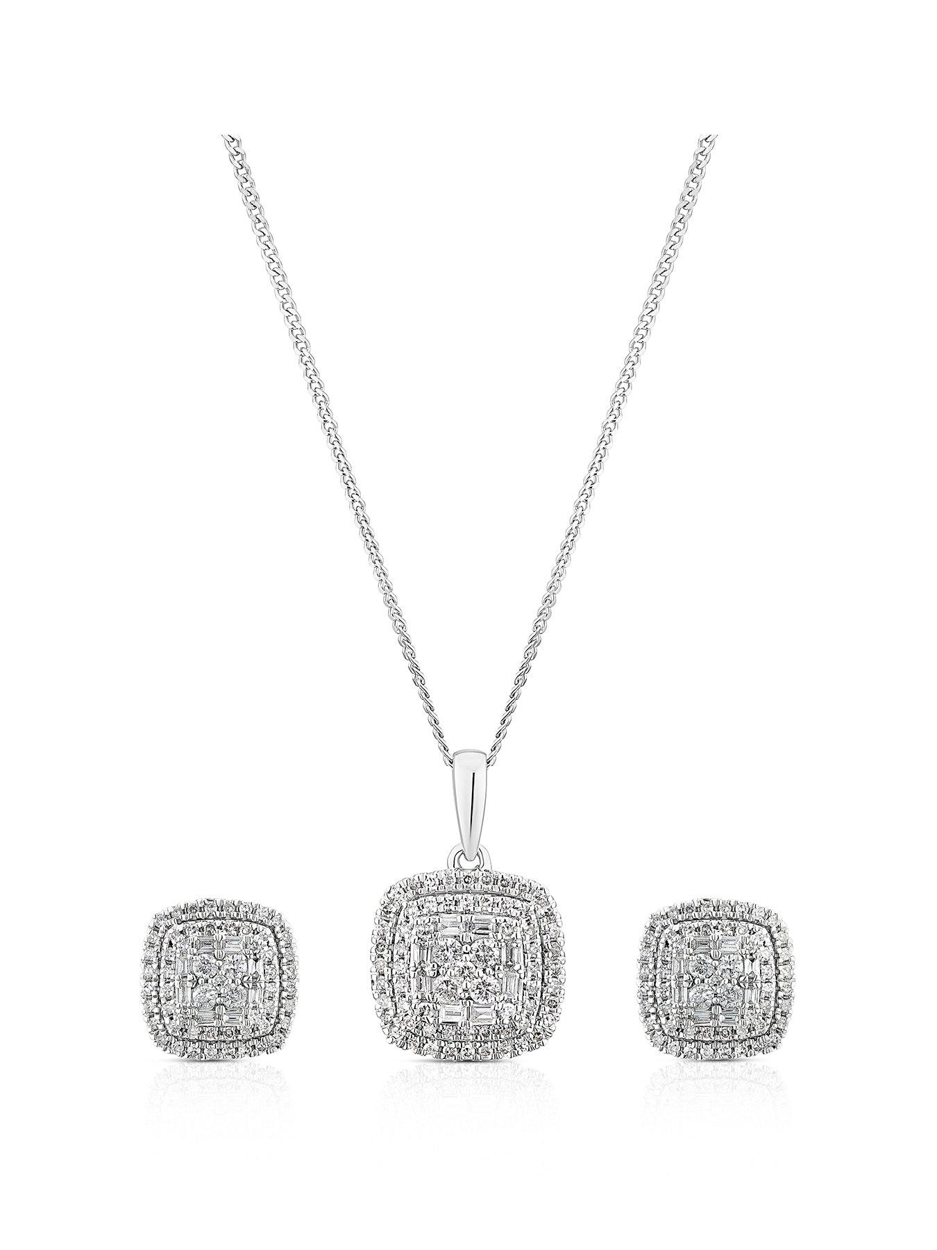 Product photograph of Ernest Jones 9ct White Gold 0 50ct Diamond Cushion Shaped Earring Necklace Box Set from very.co.uk