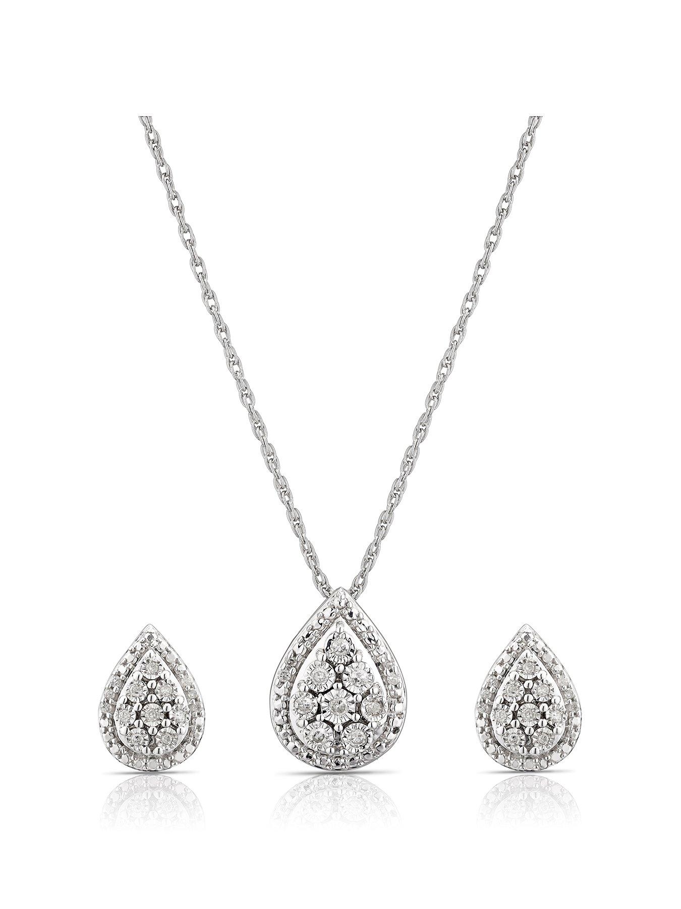 Product photograph of H Samuel Sterling Silver 0 15ct Diamond Pear Cluster Earring Pendant Set from very.co.uk