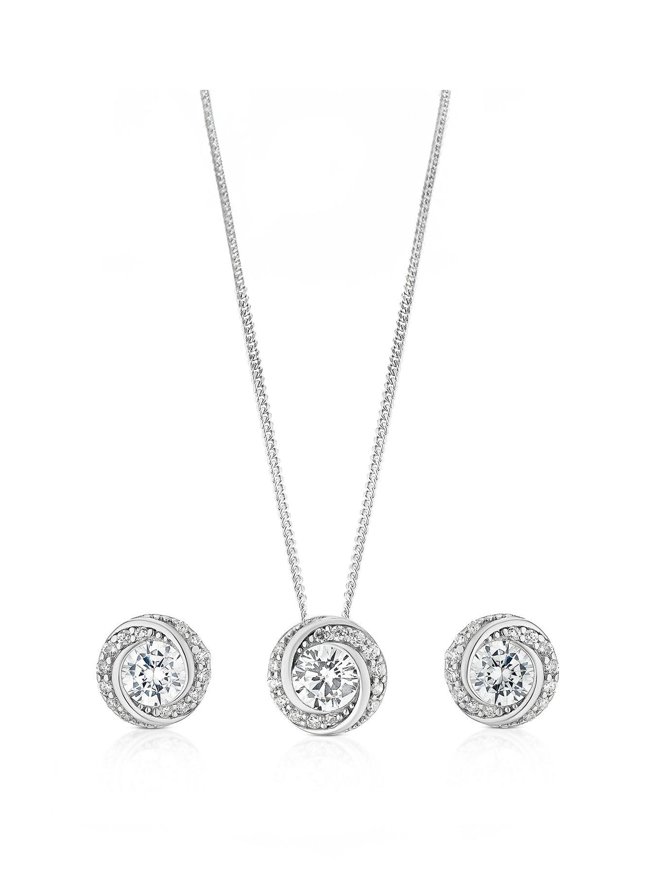 Product photograph of H Samuel Sterling Silver Cubic Zirconia Swirl Pendant Stud Earrings Set from very.co.uk