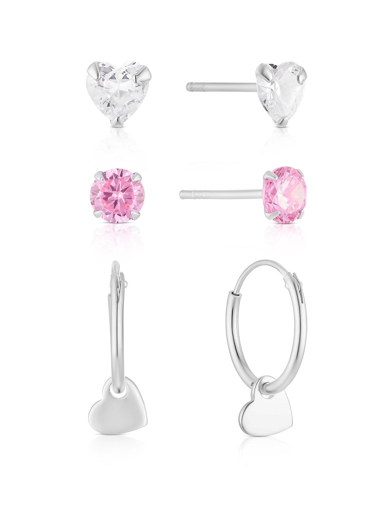 undefined Children's Sterling Silver Cubic Zirconia & Heart Charm 3 Set Of Earrings