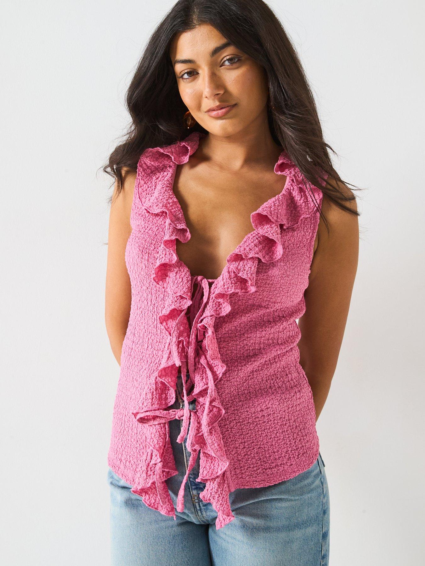 undefined Ruffle Tie Front Top - Pink