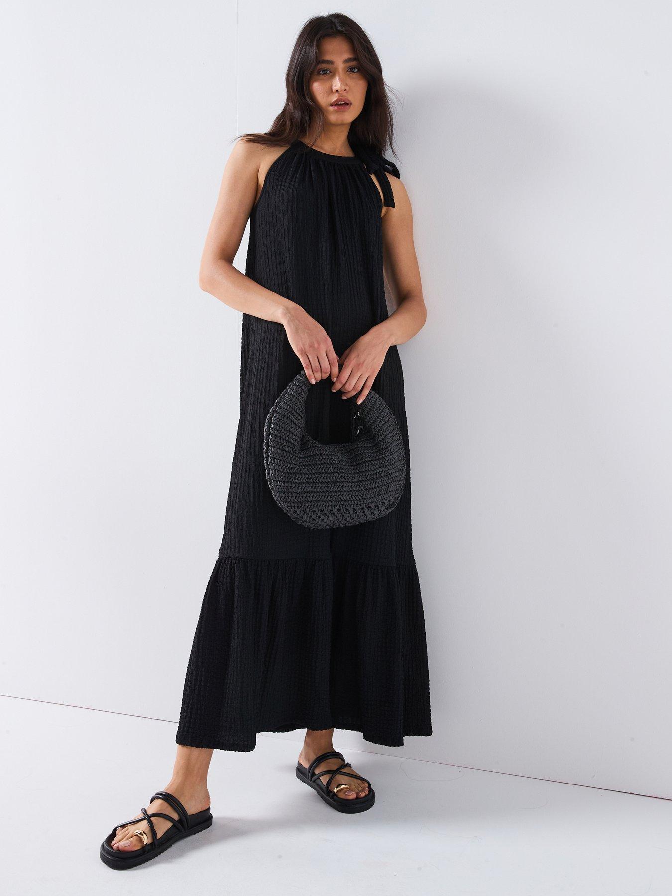 undefined Tie Neck Maxi Dress - Black