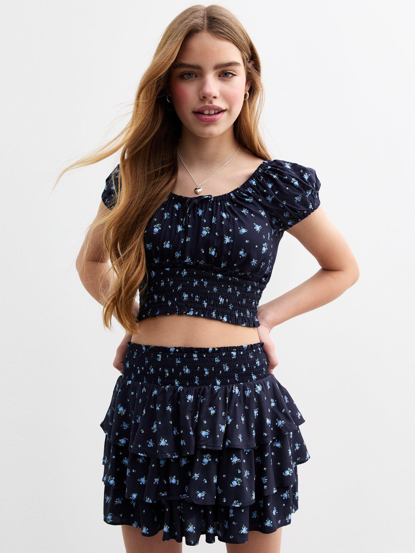 undefined Girls Ditsy Print Milkmaid Puff Sleeve Top - Blue