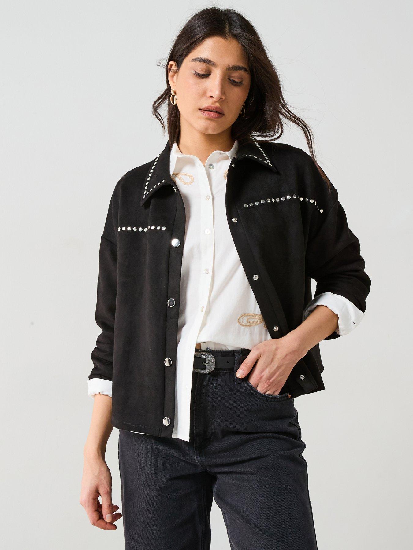 V by Very Stud Detail Suede Look Jacket - Black