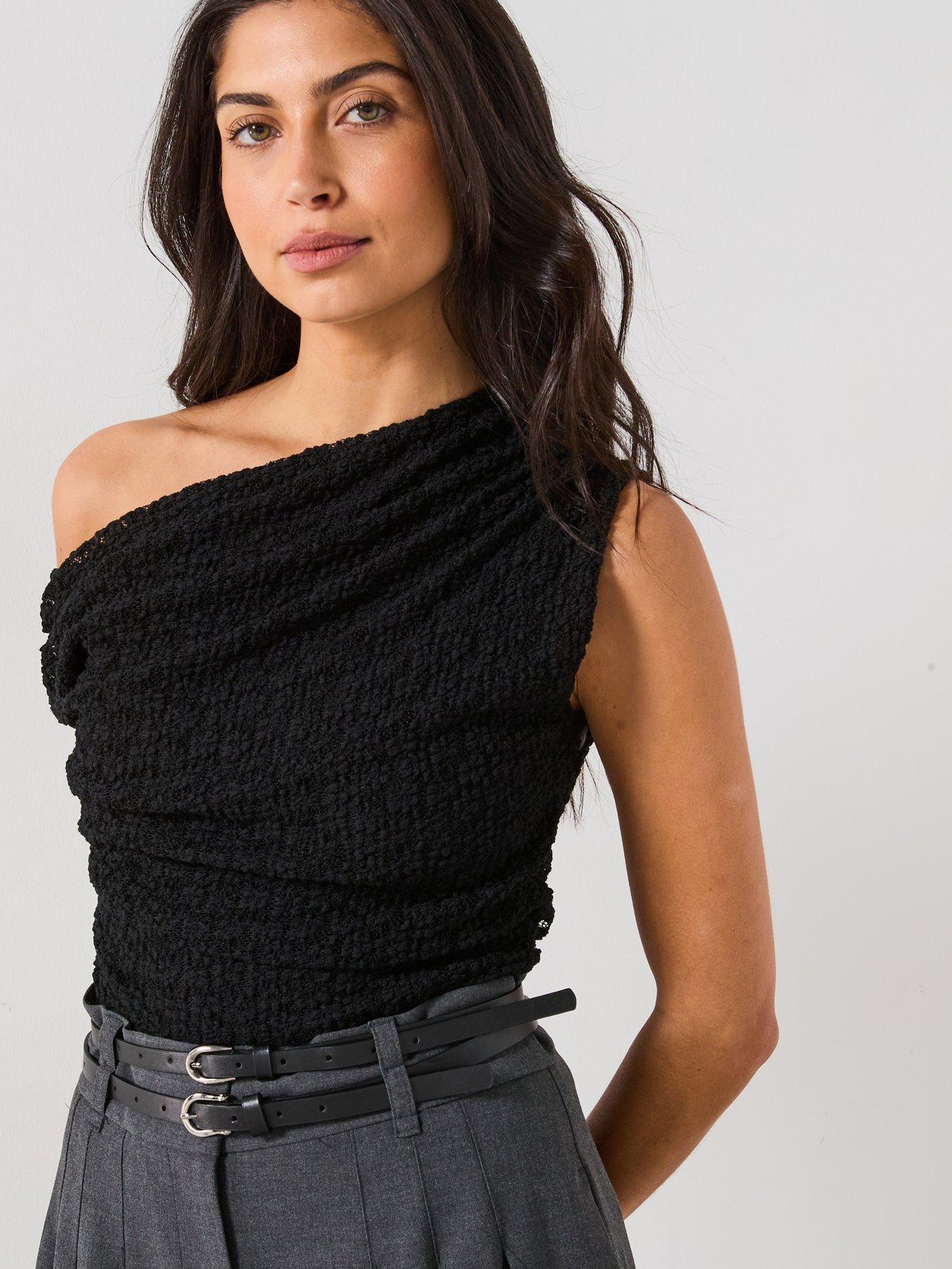 undefined Off Shoulder Draped Lace Top - Black