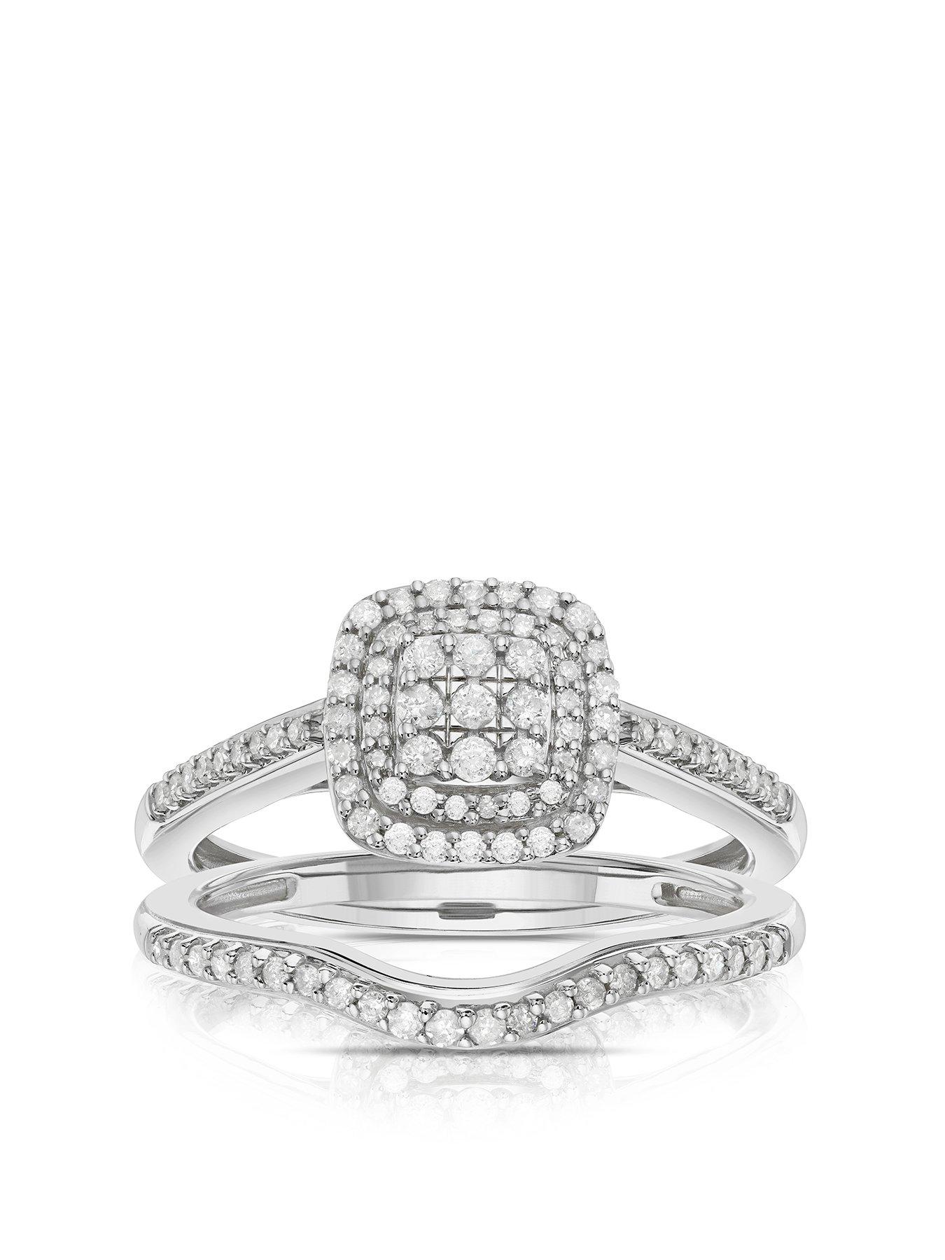 Product photograph of H Samuel Perfect Fit Diamond Bridal Ring Set 9ct White Gold 0 33ct Diamond Cushion Cluster Bridal Set from very.co.uk