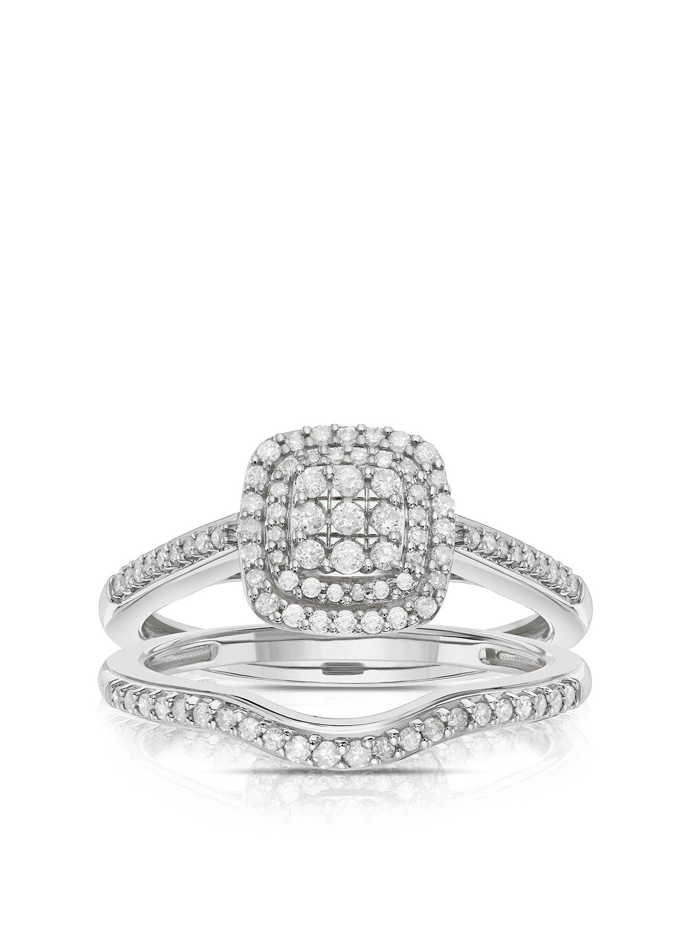 H. Samuel Perfect Fit Diamond Bridal Ring Set. 9ct White Gold 0.33ct Diamond Cushion Cluster Bridal Set