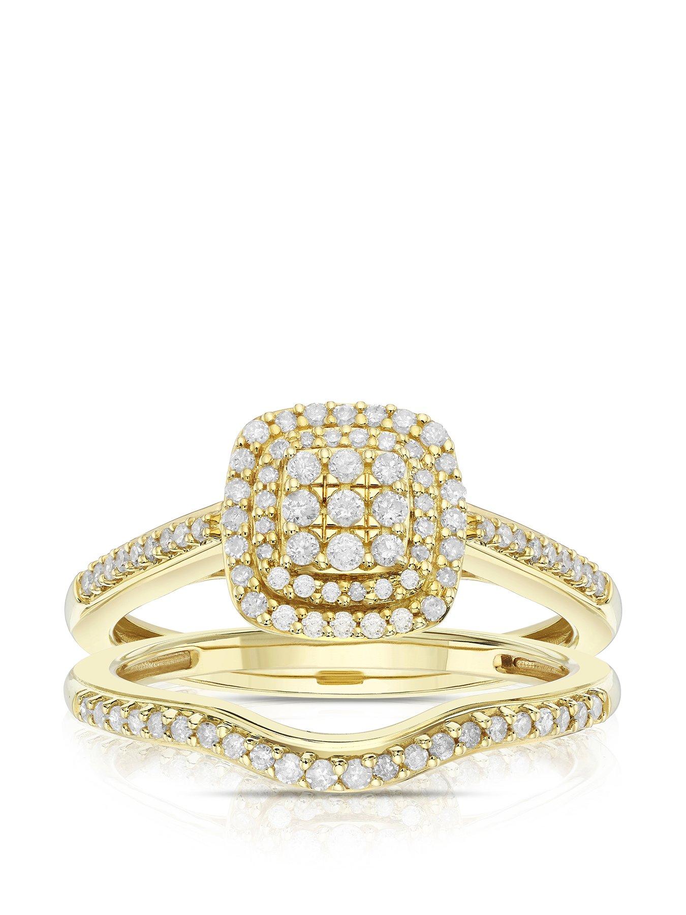 H. Samuel Perfect Fit Diamond Engagement and Wedding Ring Set. 9ct Yellow Gold 0.33ct Diamond Cushion Cluster Bridal Set
