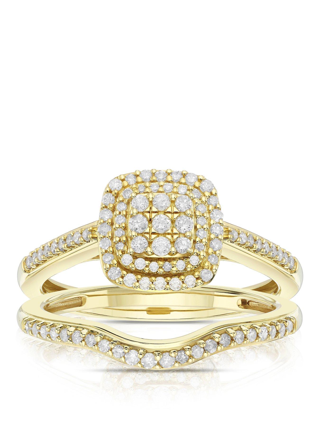 H. Samuel Perfect Fit Diamond Engagement and Wedding Ring Set. 9ct Yellow Gold 0.33ct Diamond Cushion Cluster Bridal Set
