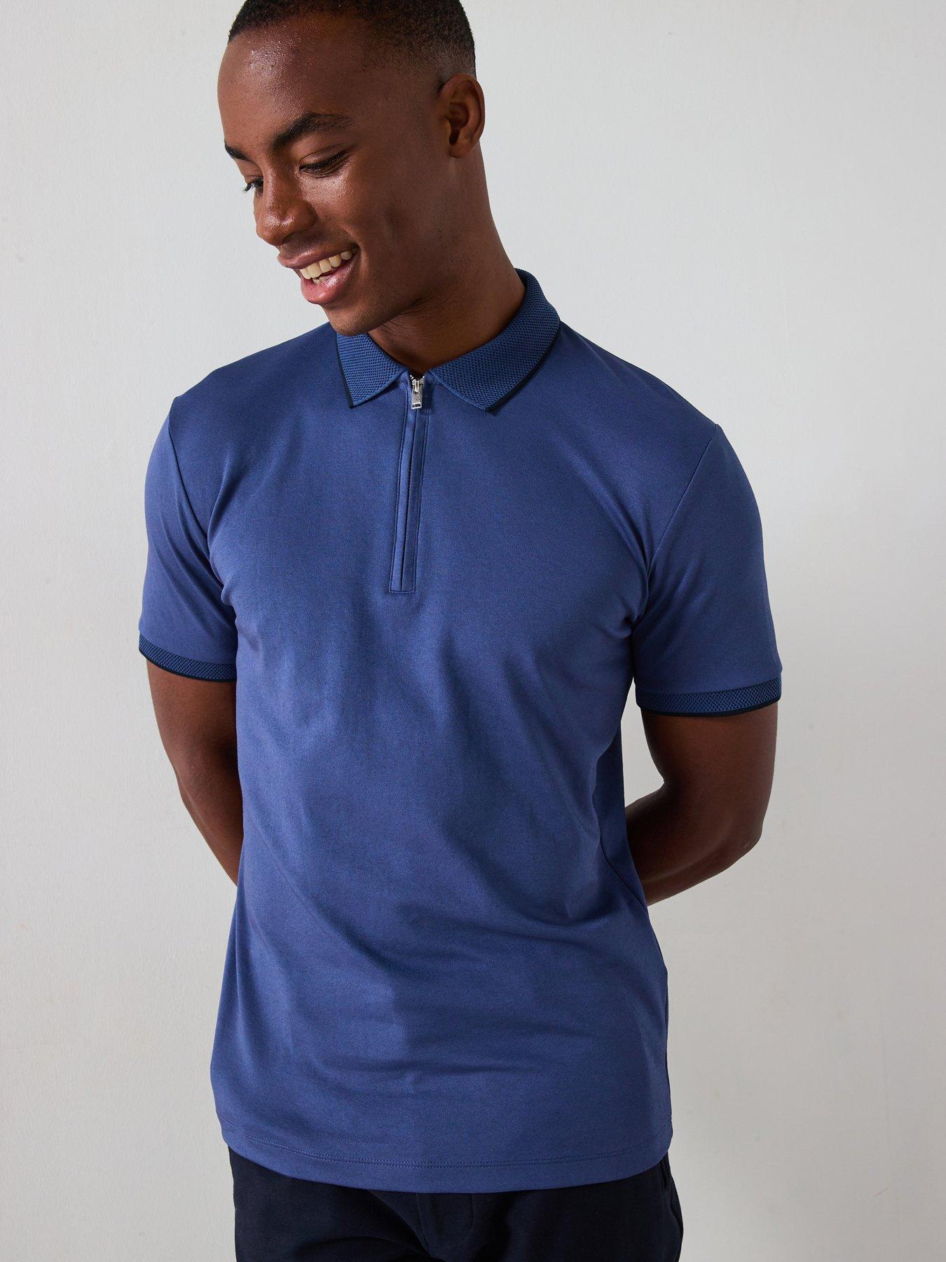 undefined Short Sleeve Zip Polo Shirt - Navy