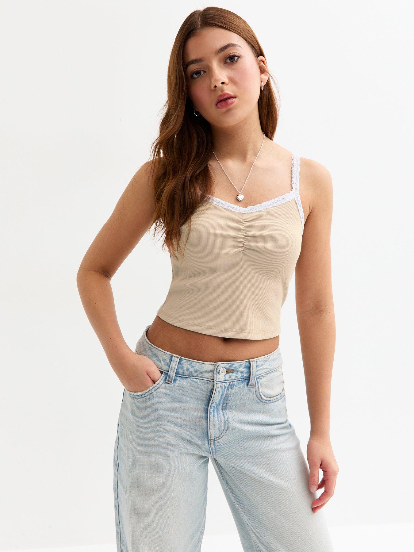 undefined Girls Camel Lace Trim Ribbed Crop Cami Top