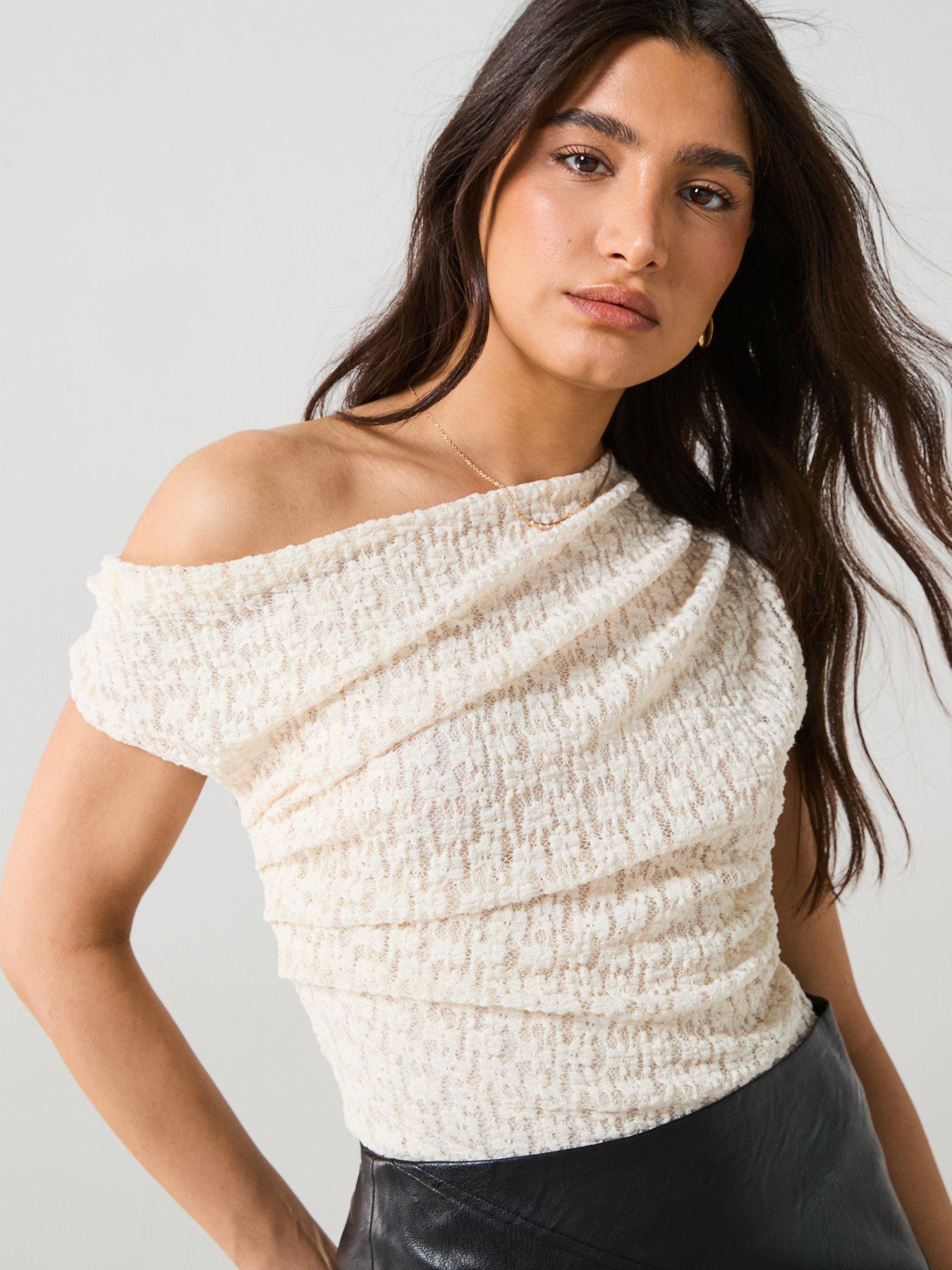 Image 4 of 6 of V by Very Off Shoulder Draped Lace Top - Cream