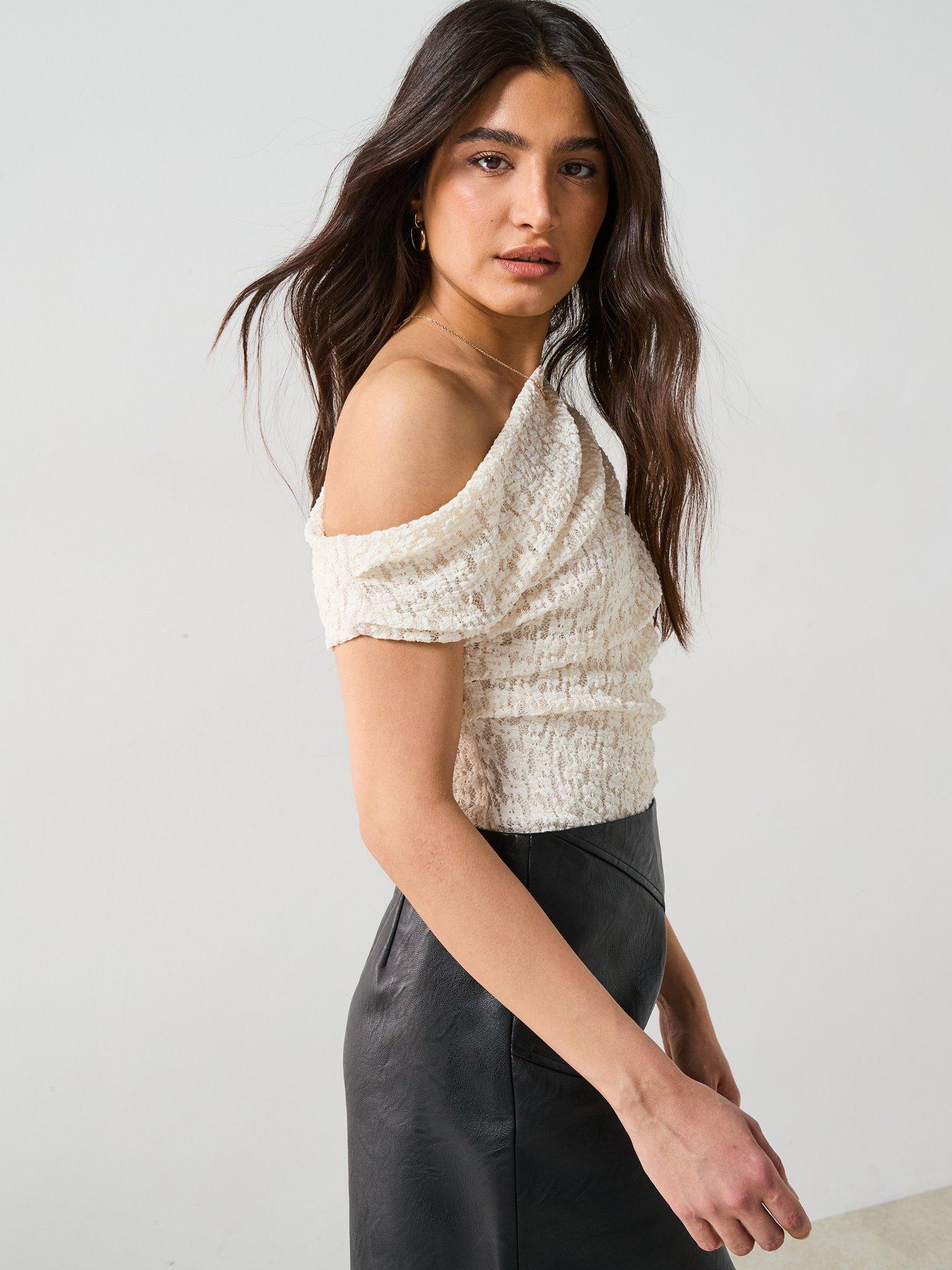 Image 5 of 6 of V by Very Off Shoulder Draped Lace Top - Cream
