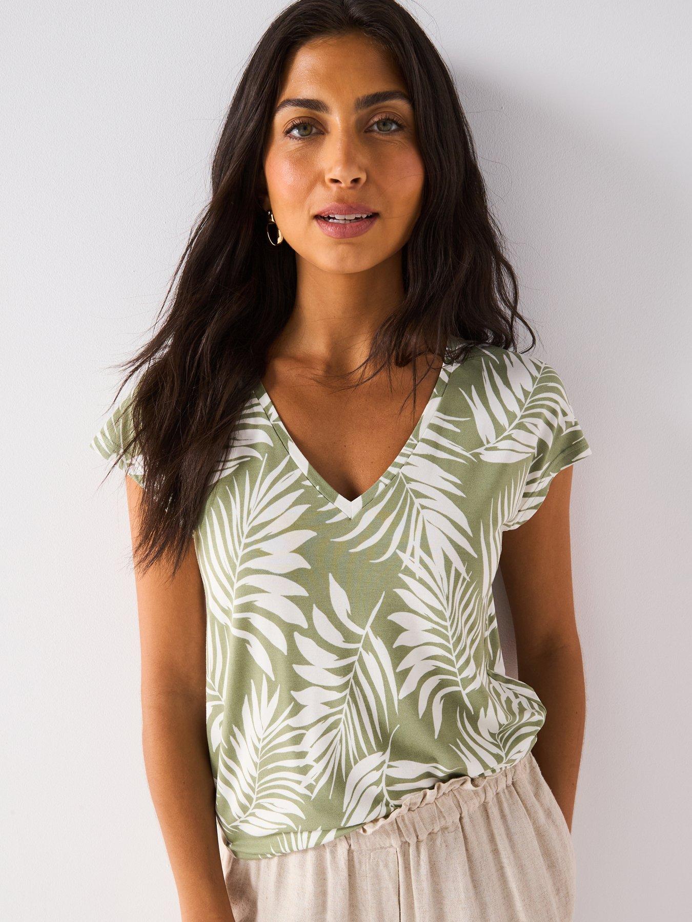undefined The Essential V Neck T-Shirt - Leaf Print
