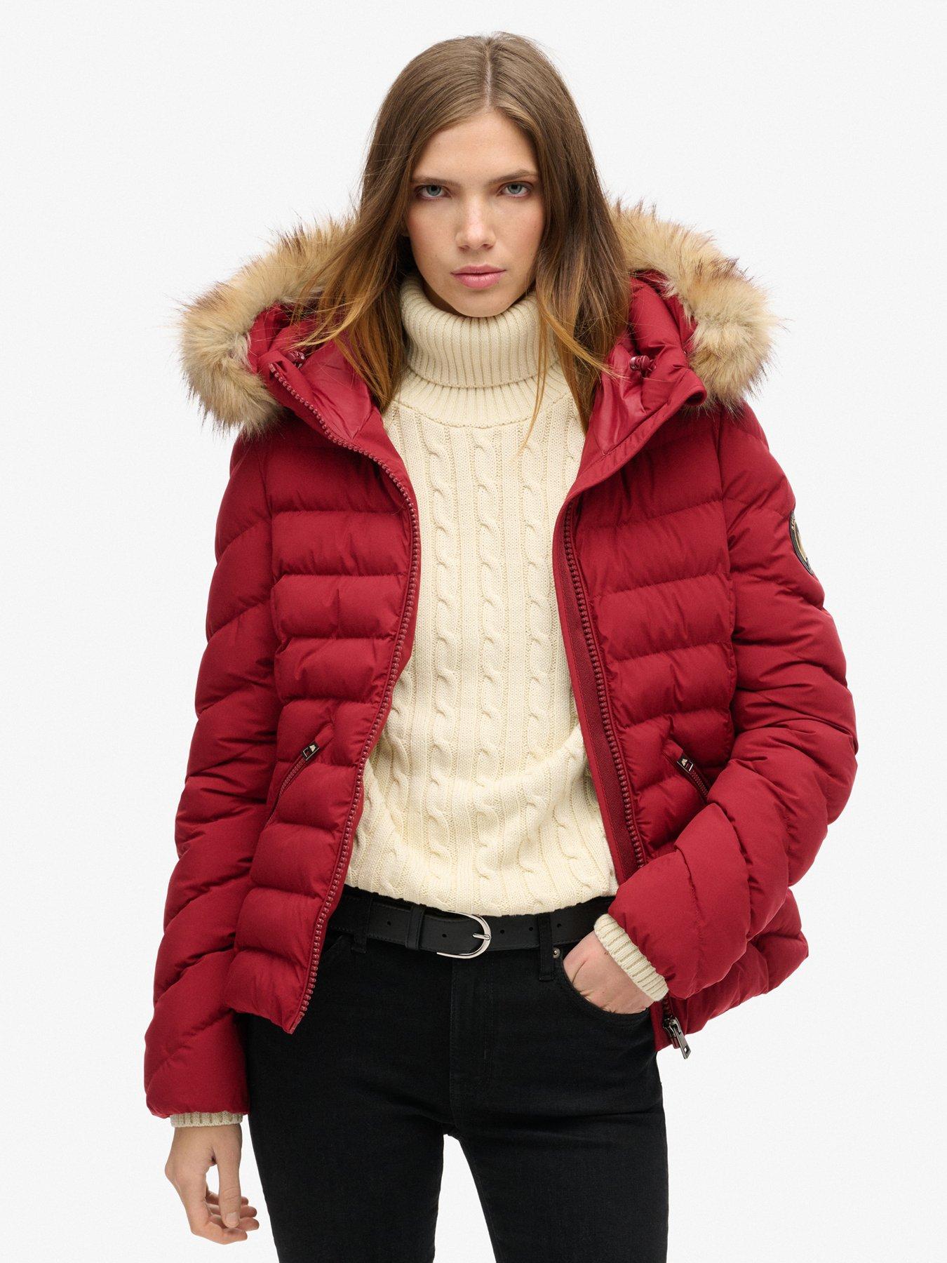 Superdry Fuji Faux Fur Hooded Coat - Red, Red, Size 10, Women