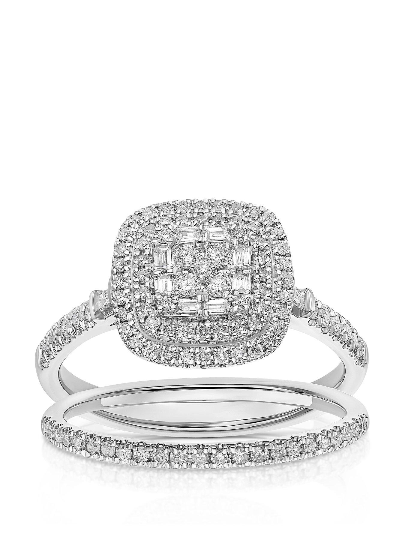 Product photograph of Ernest Jones 0 50ct Diamond Bridal Ring Set 18ct White Gold 0 50ct Diamond Cushion Shaped Cluster Bridal Set from very.co.uk