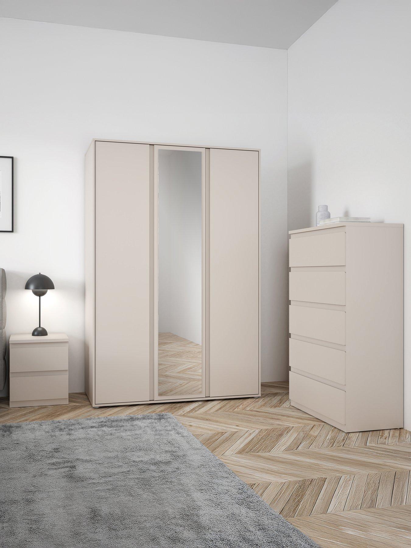undefined Lisson 3 Piece Bedroom Furniture Set - 3 Door Mirrored Wardrobe, 5 Drawer Chest and 2 Drawer Bedside Table - Oatmeal - FSC® Certified