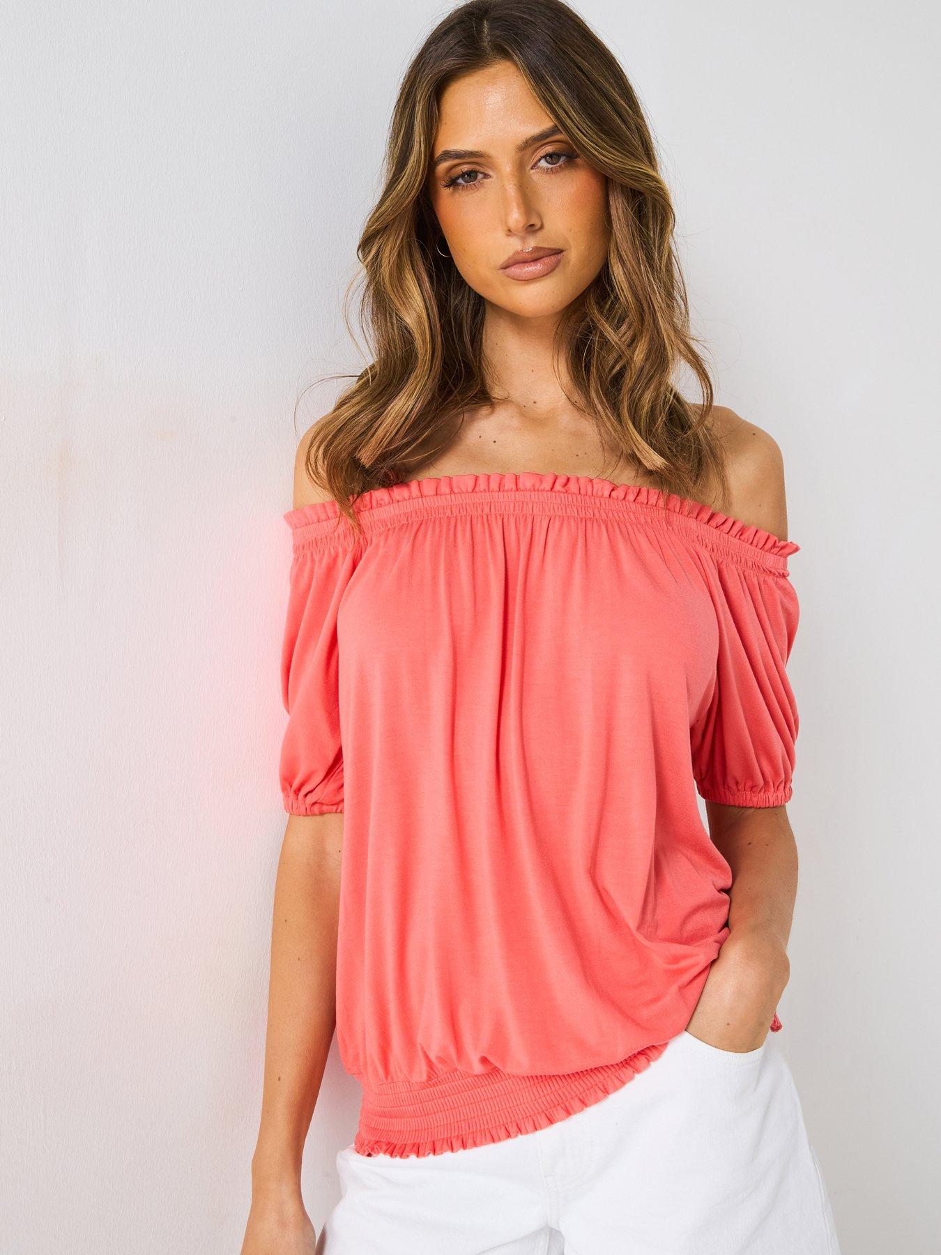 undefined Bardot Shirred Waist Top - Pink