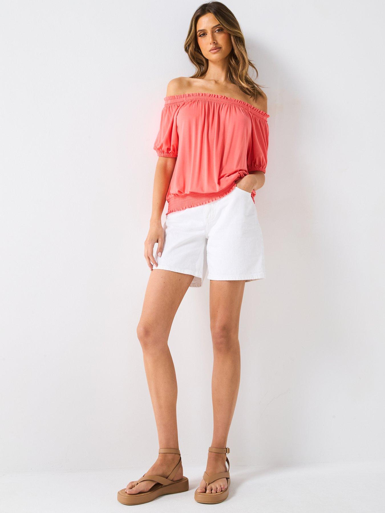 Image 3 of 4 of Everyday Bardot Shirred Waist Top - Pink