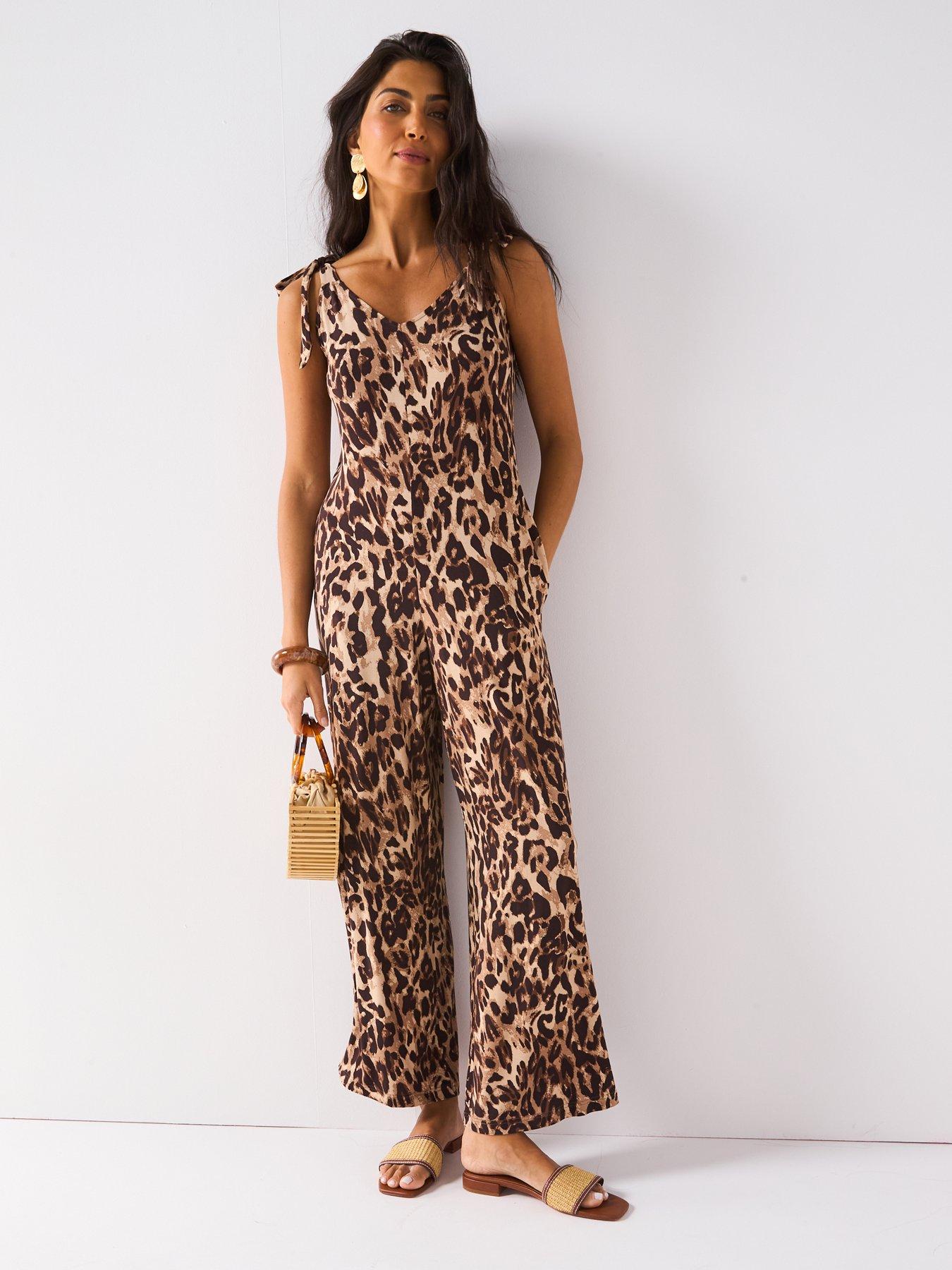 Image 1 of 6 of Everyday Tie Shoulder Jumpsuit - Brown Print