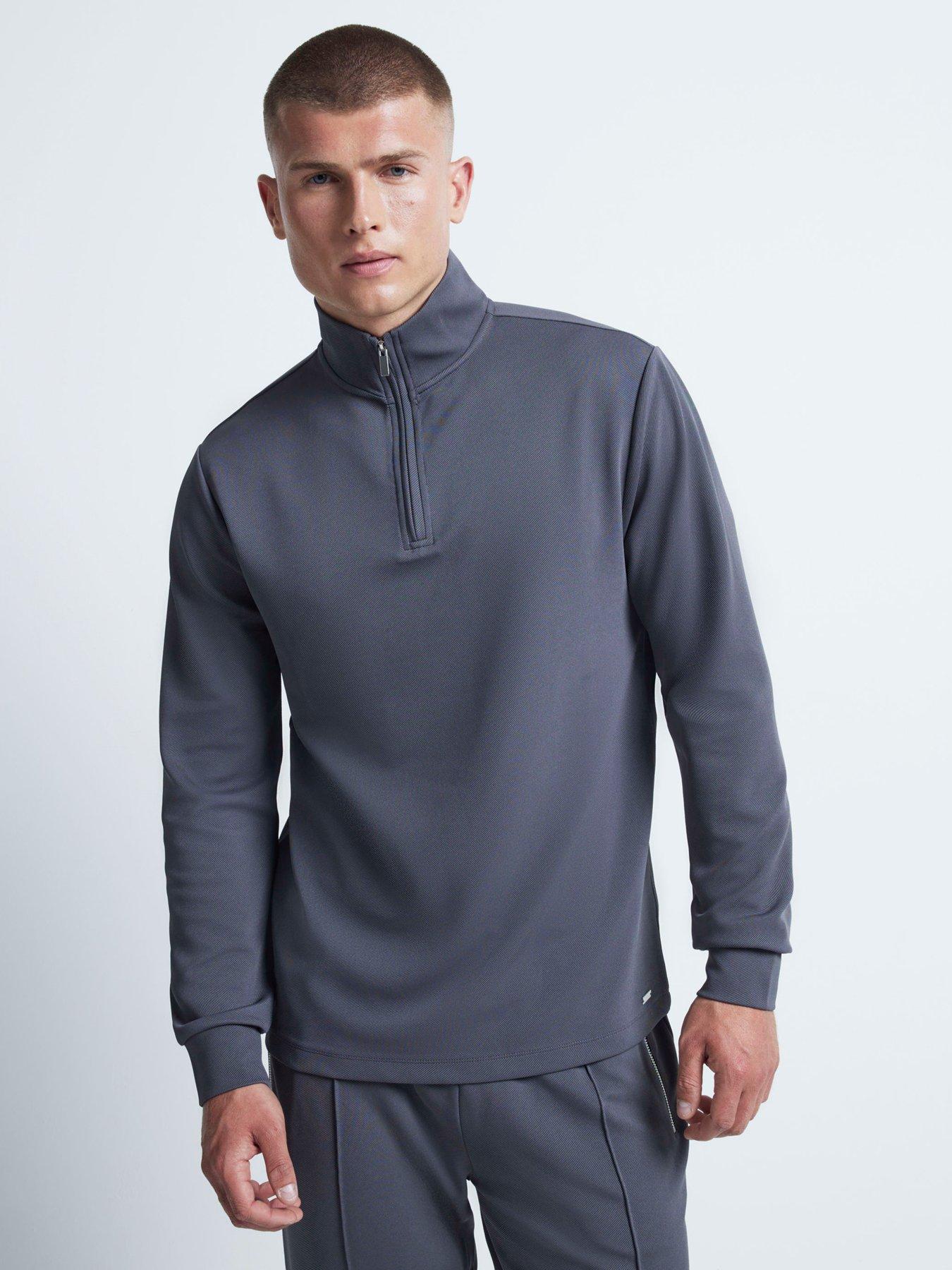 undefined Long Sleeve Slim Fit Smart Twill Funnel Neck Quarter Zip Sweat - Grey