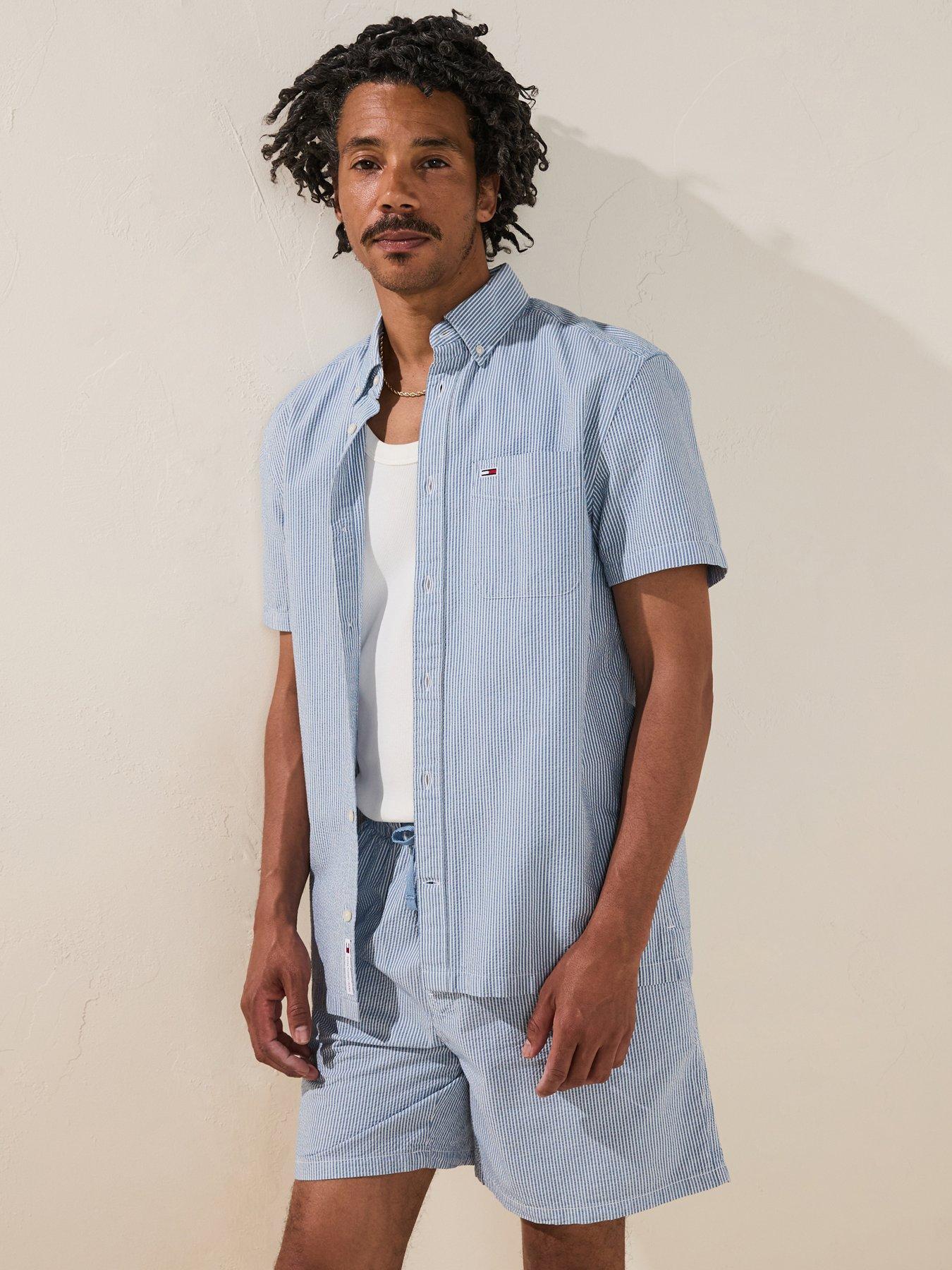 undefined Regular Stripe Seersucker Short Sleeve Shirt - Light Blue