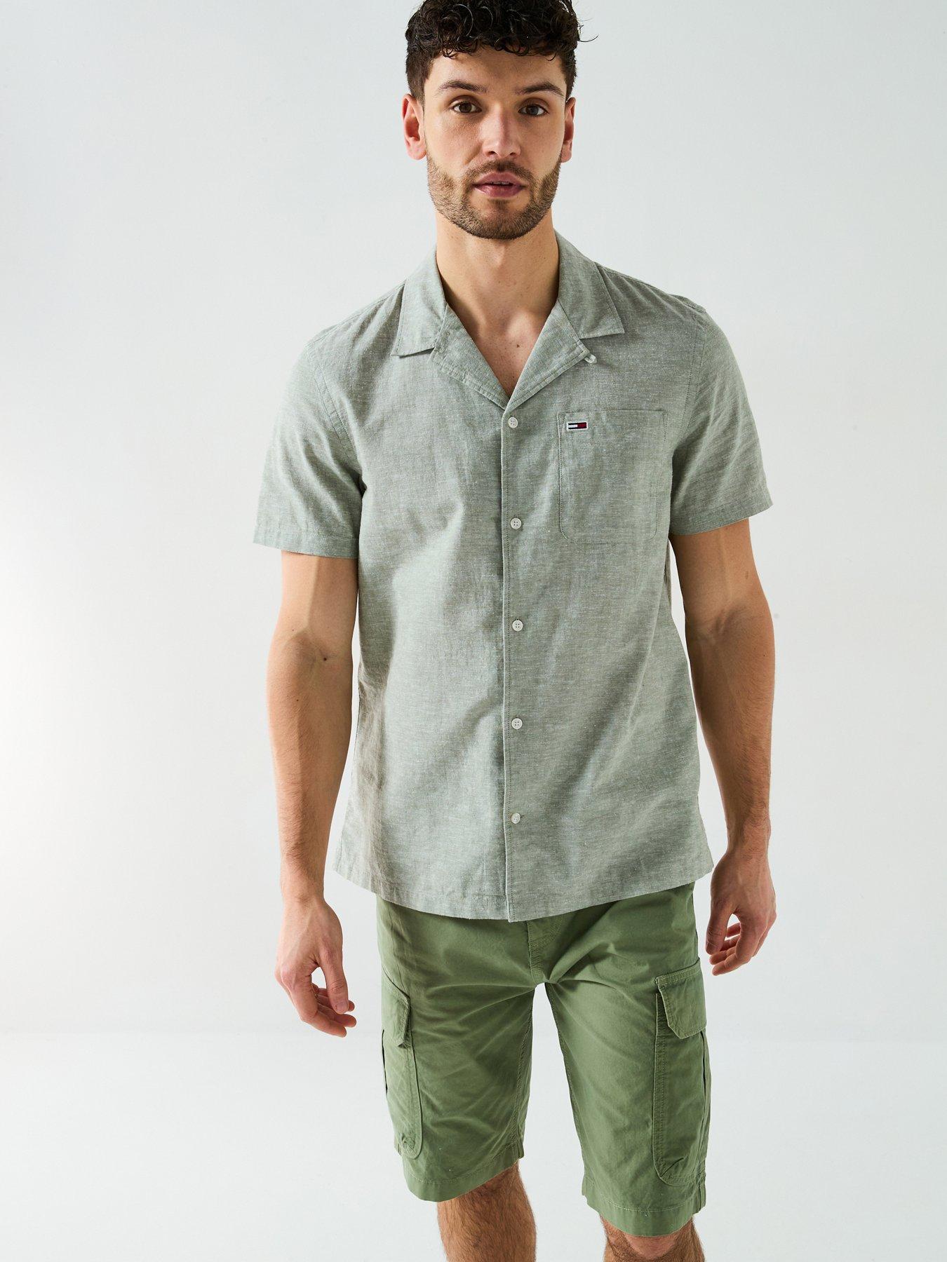 undefined Linen Blend Camp Collar Short Sleeve Shirt - Green