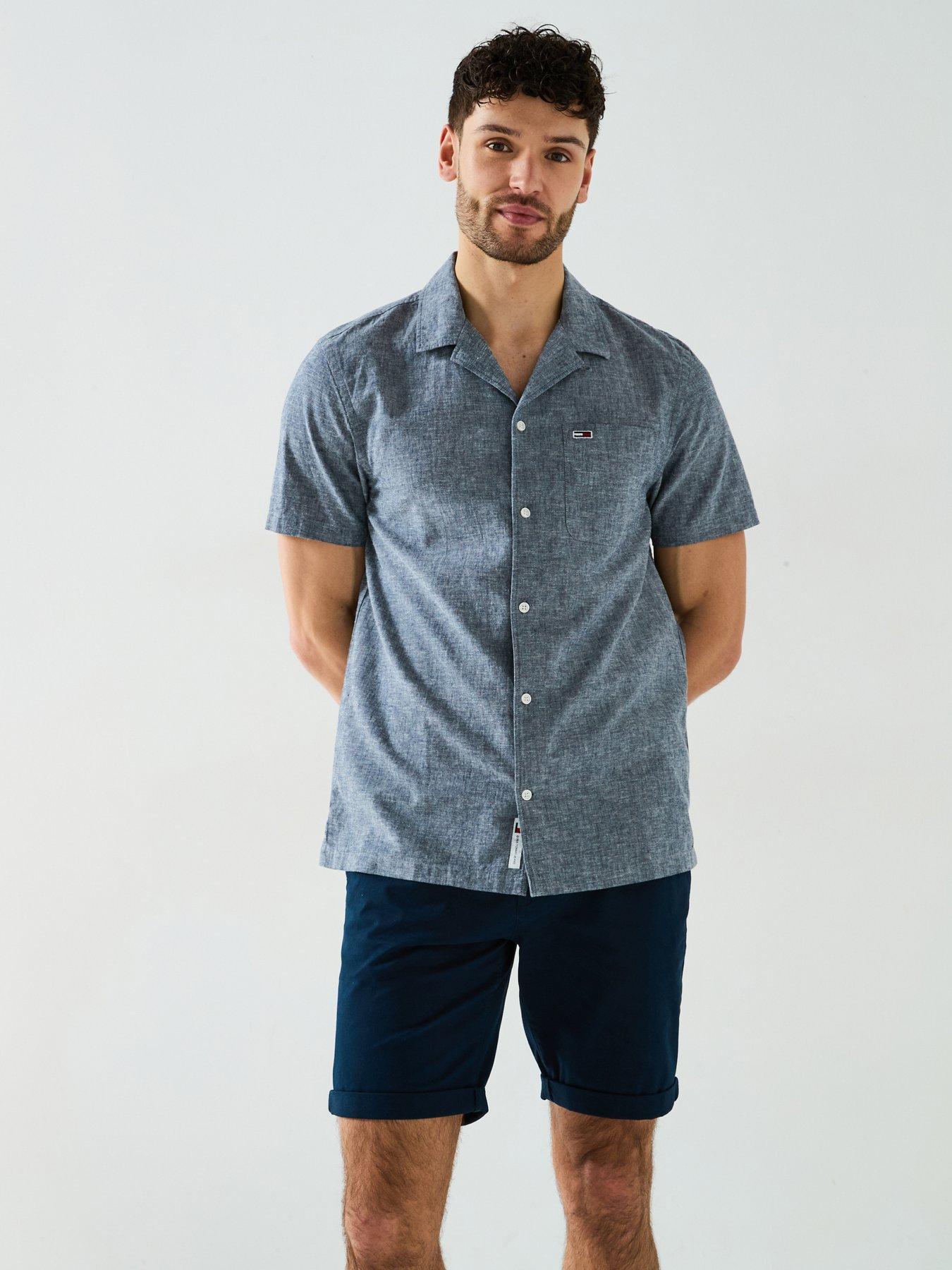 undefined Linen Blend Camp Collar Short Sleeve Shirt - Navy