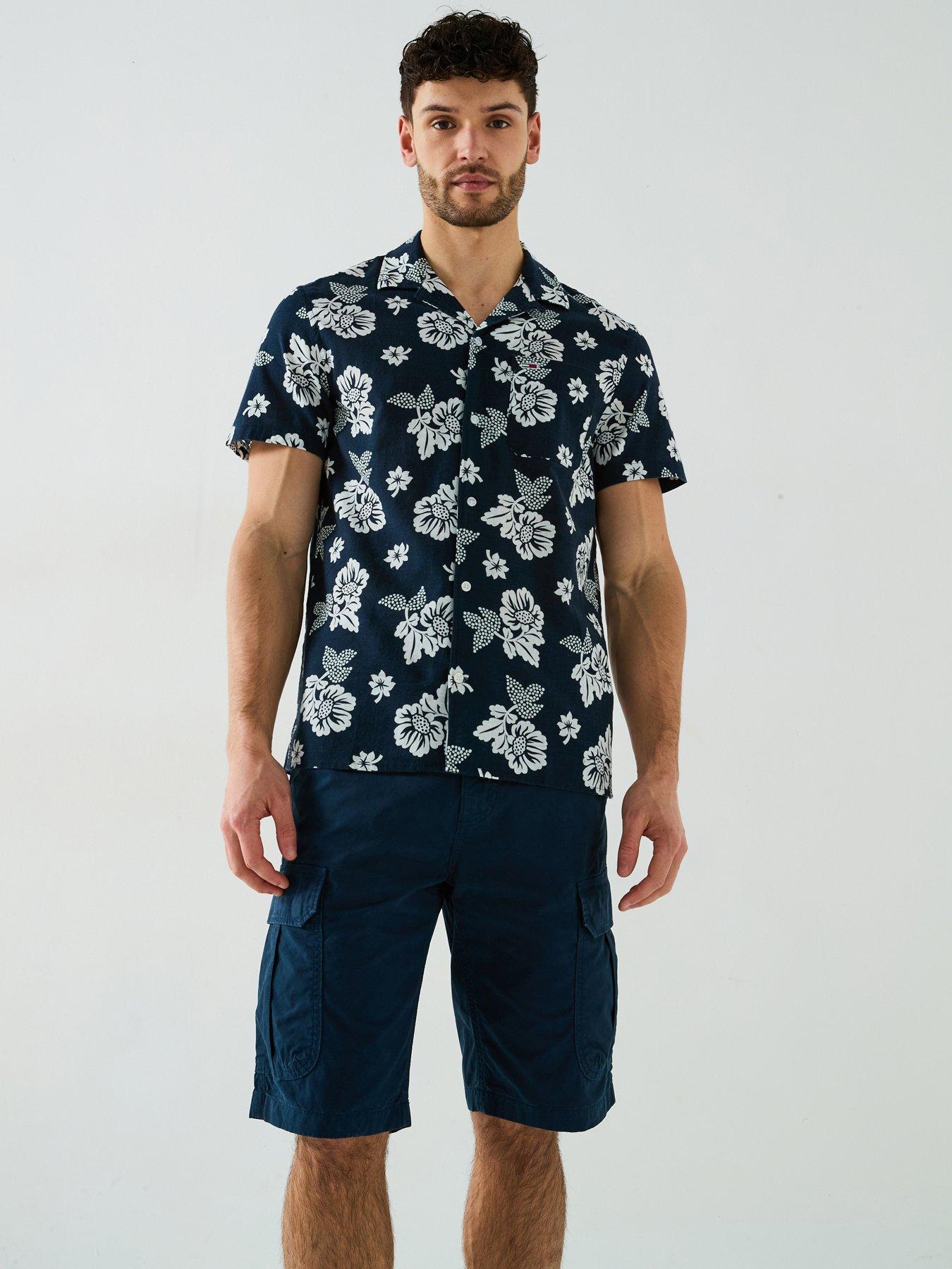 undefined Regular Fit Floral Slub Short Sleeve Shirt - Navy
