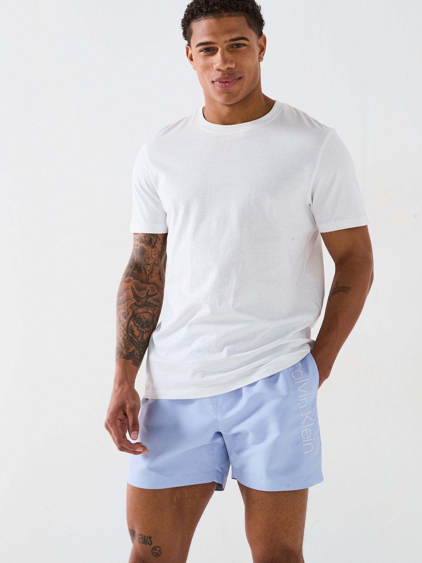 Image 4 of 4 of Calvin Klein Tonal Side Logo Swim Shorts - Light Blue