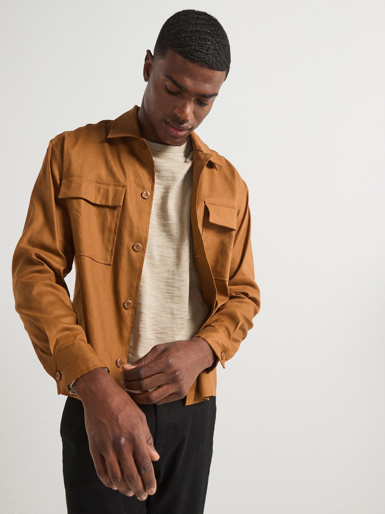 undefined Linen Blend Stretch Fabric Overshirt - Brown