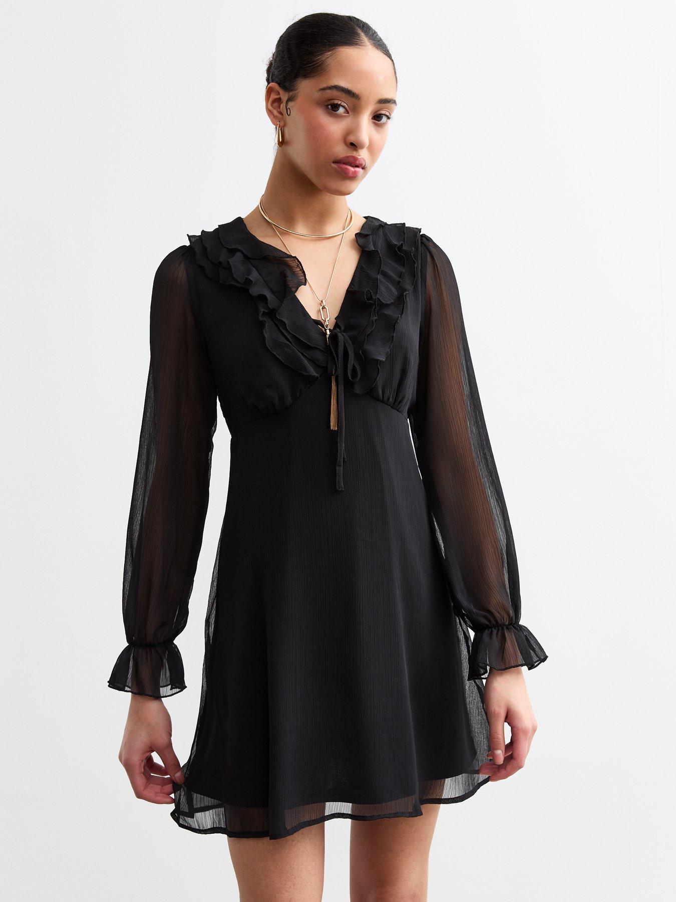 Black Ruffle Chiffon Long Sleeve Mini Dress