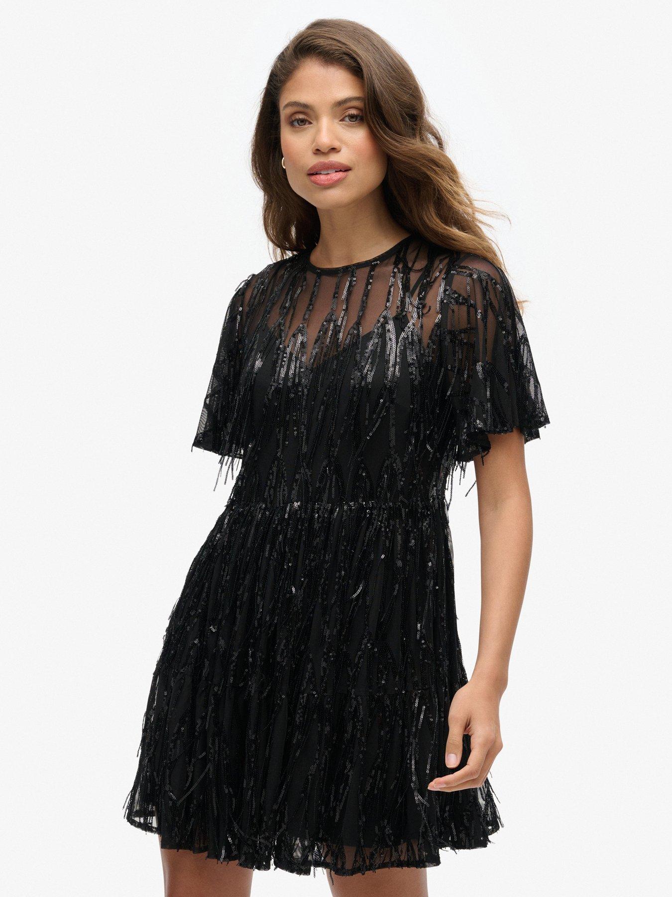 undefined Volume Tiered Mesh Mini Dress - Black