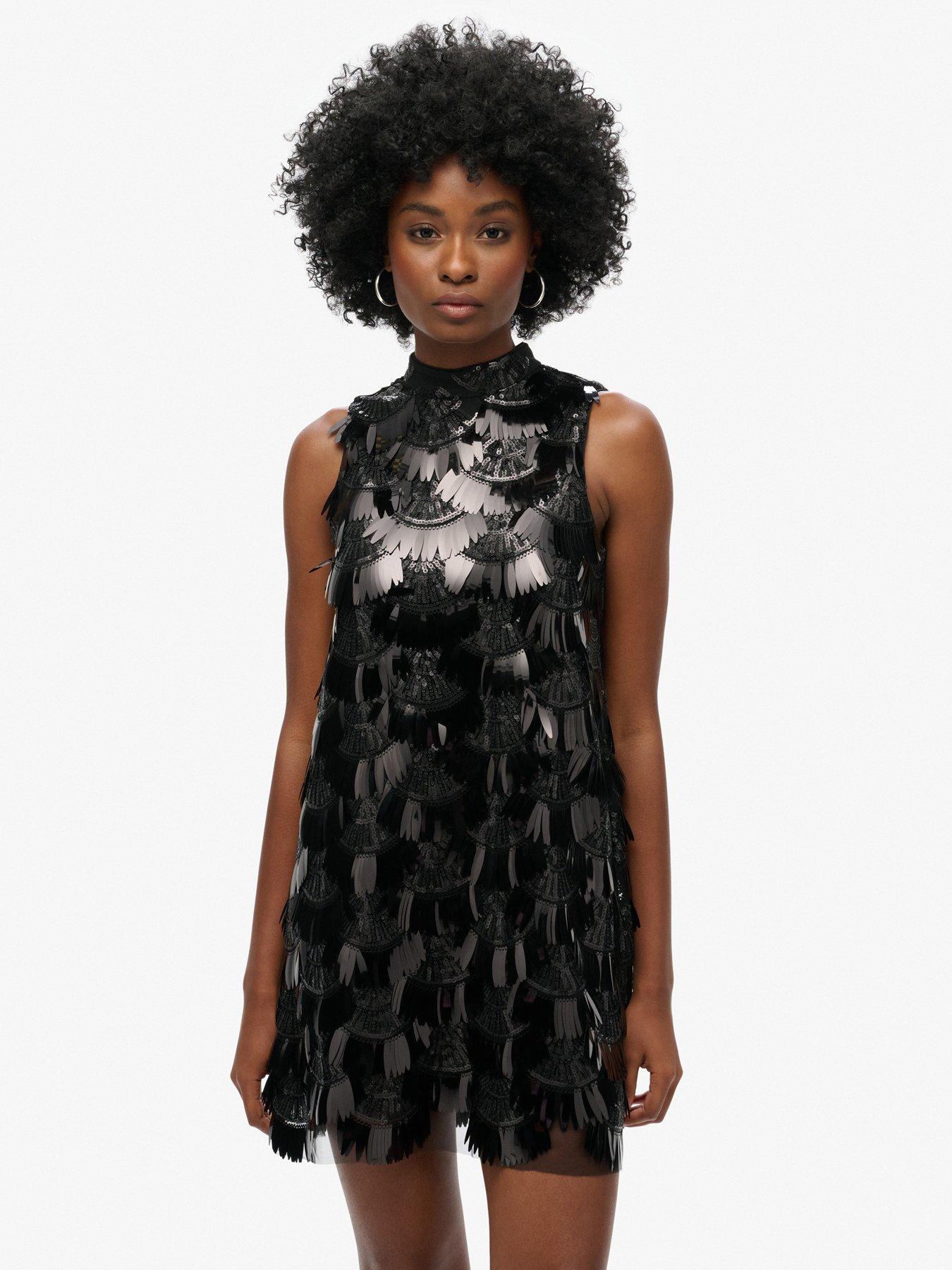 undefined A-Line Fringe Sequin Dress - Black
