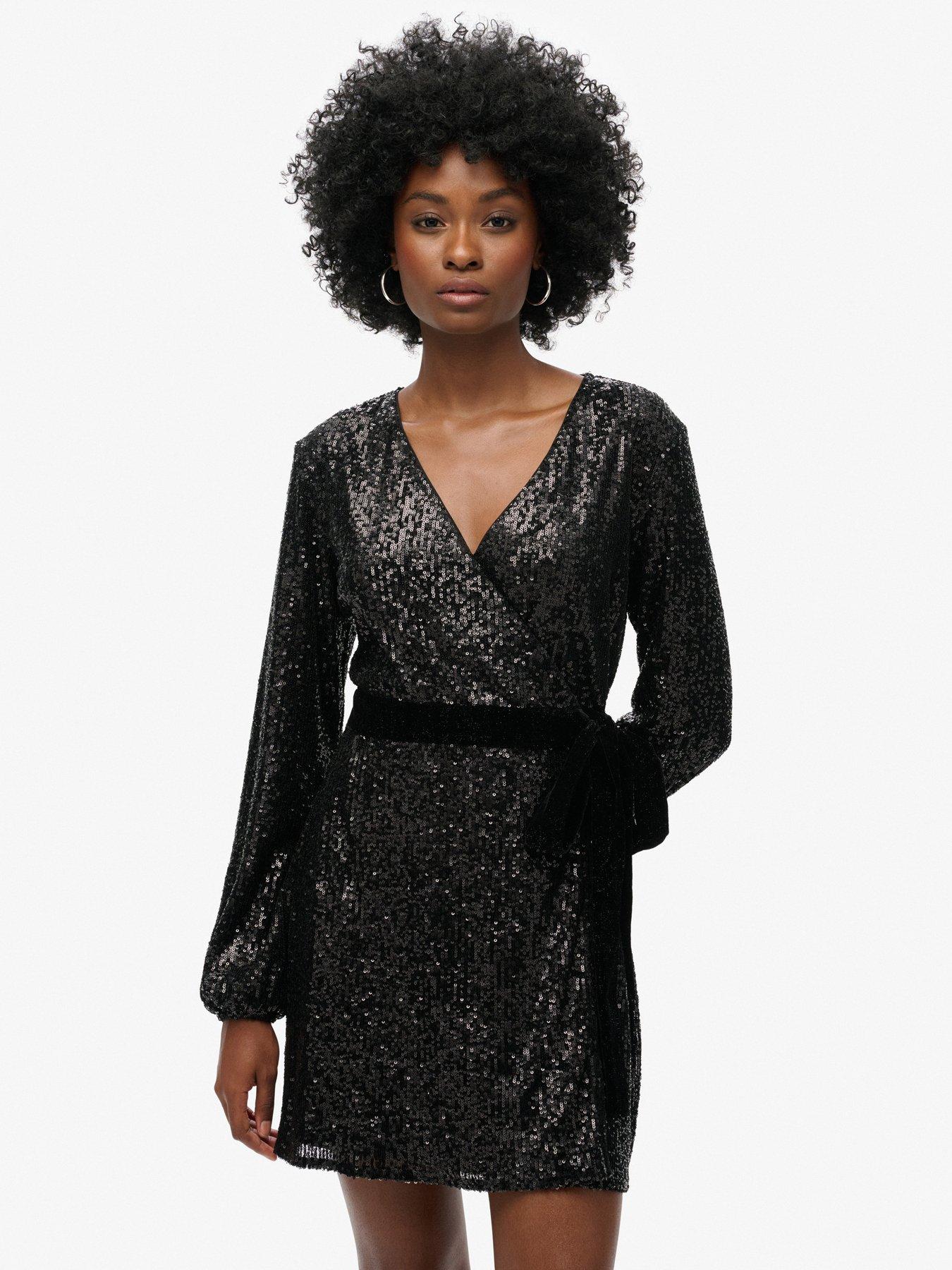 Image 1 of 6 of Superdry Sequin Velvet Wrap Mini Dress - Black