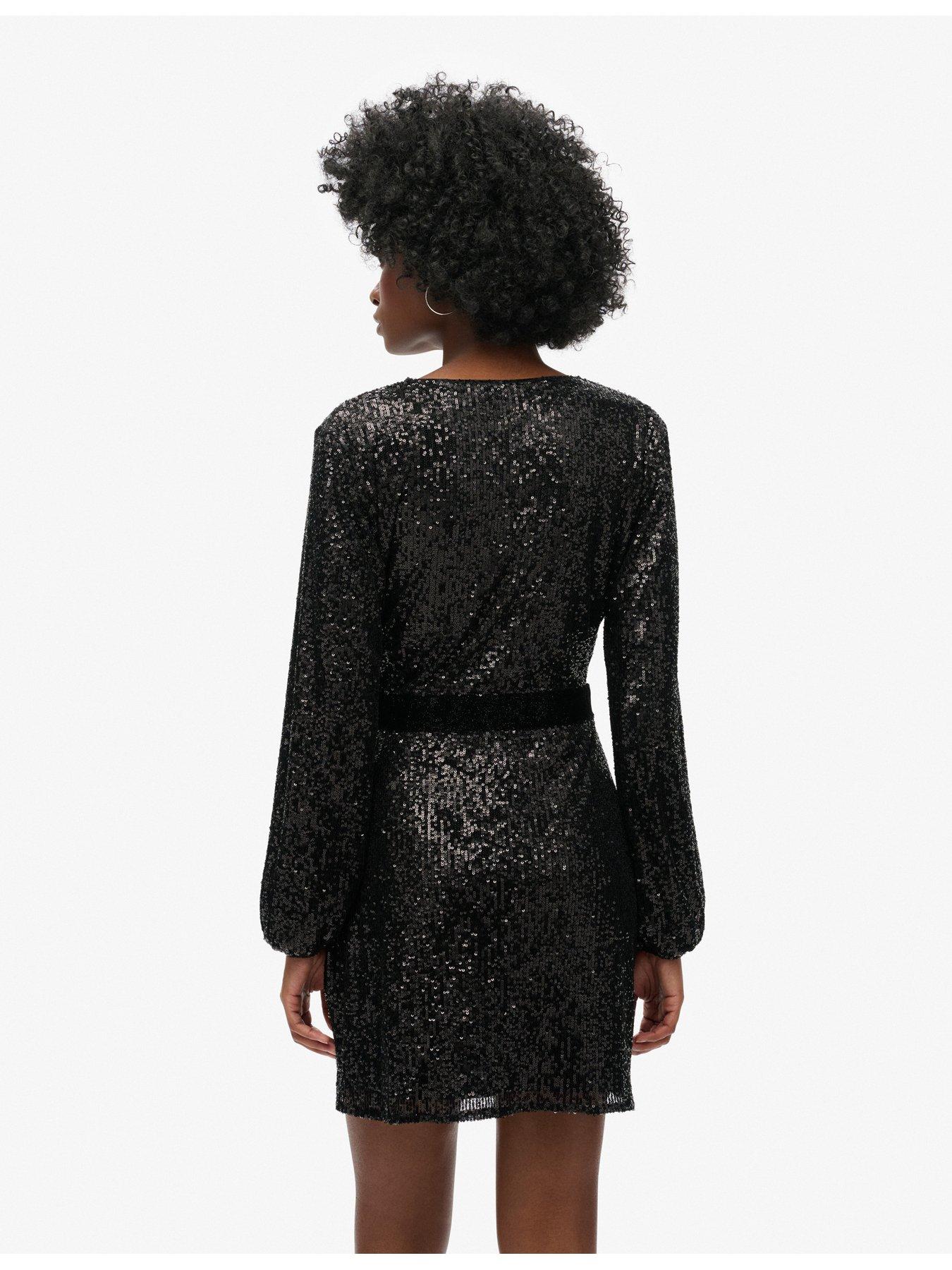 Image 2 of 6 of Superdry Sequin Velvet Wrap Mini Dress - Black