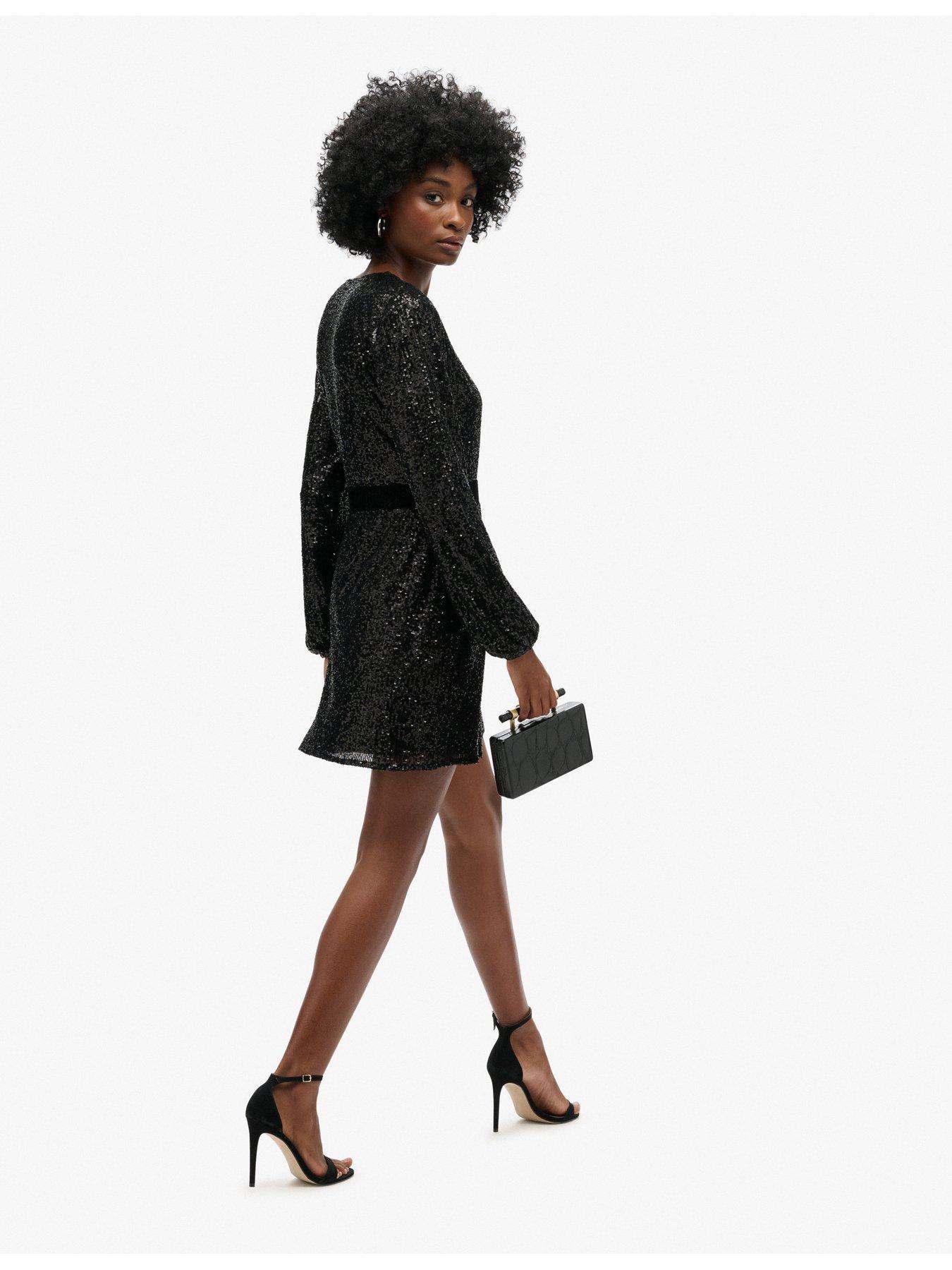 Image 4 of 6 of Superdry Sequin Velvet Wrap Mini Dress - Black